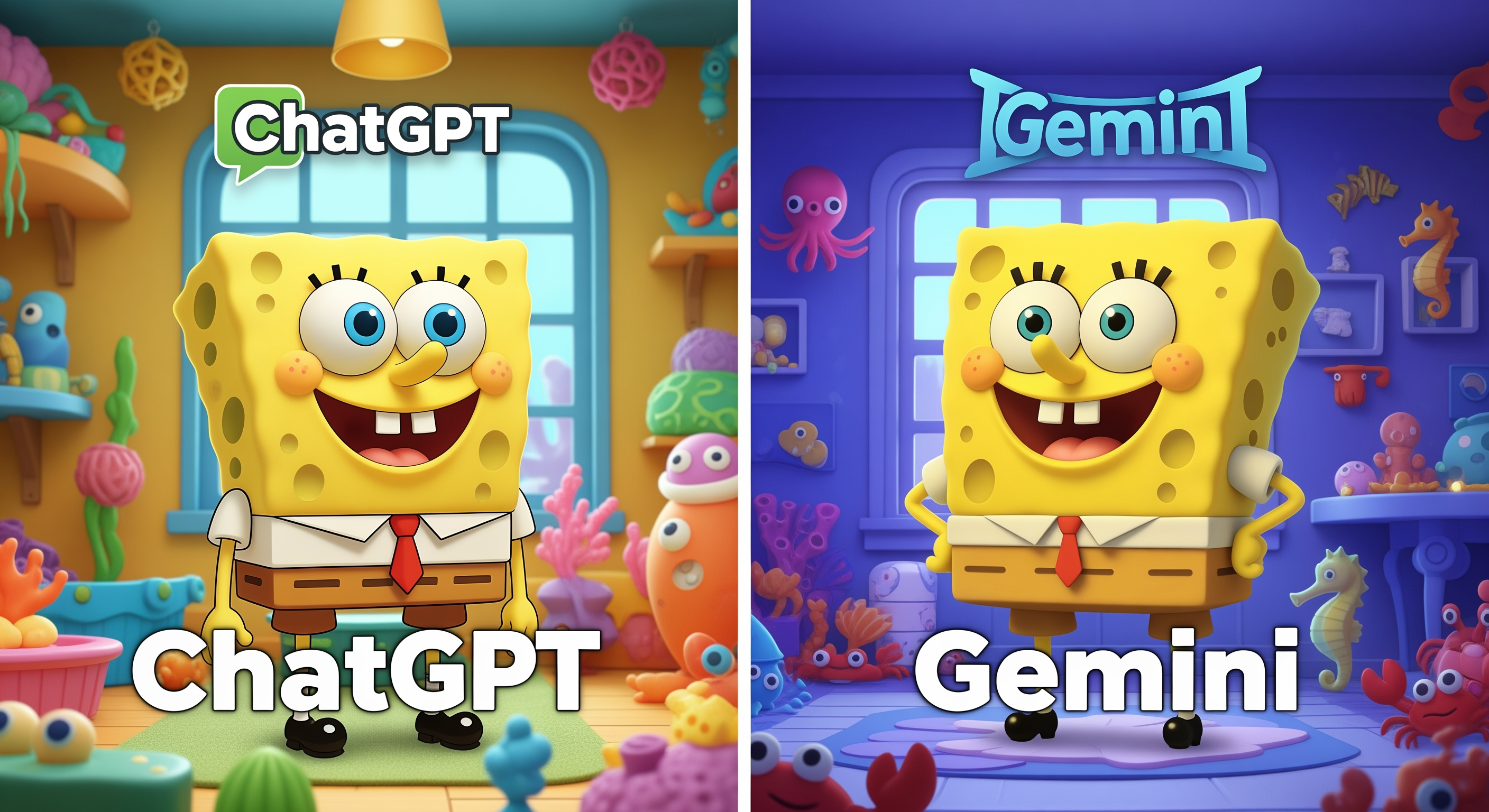 AI Design for .Create a 4K YouTube thumbnail (3840x2160, 16:9 aspect ratio) in a split-screen design.

LEFT SIDE (ChatGPT):
A cute yellow sea-sponge-inspired cartoon character with big blue eyes, white shirt, red tie, brown shorts, and black shoes, standing in a colorful toy room. The character should look cheerful and closely resemble the classic sea-sponge cartoon style without being an exact copy. Add the ChatGPT logo and large "ChatGPT" text at the top. Bright lighting, vibrant toys, cute sea creatures, and a playful atmosphere.

RIGHT SIDE (Gemini):
Create a noticeably different yellow sponge-inspired character with a different facial expression, slightly different body proportions, a bigger smile, and a more modern cartoon style. Place the character in a purple-blue toy room with different toys such as octopuses, crabs, and seahorses. Add the Gemini logo and large "Gemini" text at the top.

Professional YouTube thumbnail, ultra-detailed, vibrant colors, cinematic lighting, high contrast, eye-catching composition, clean separation line in the middle, 4K resolution.