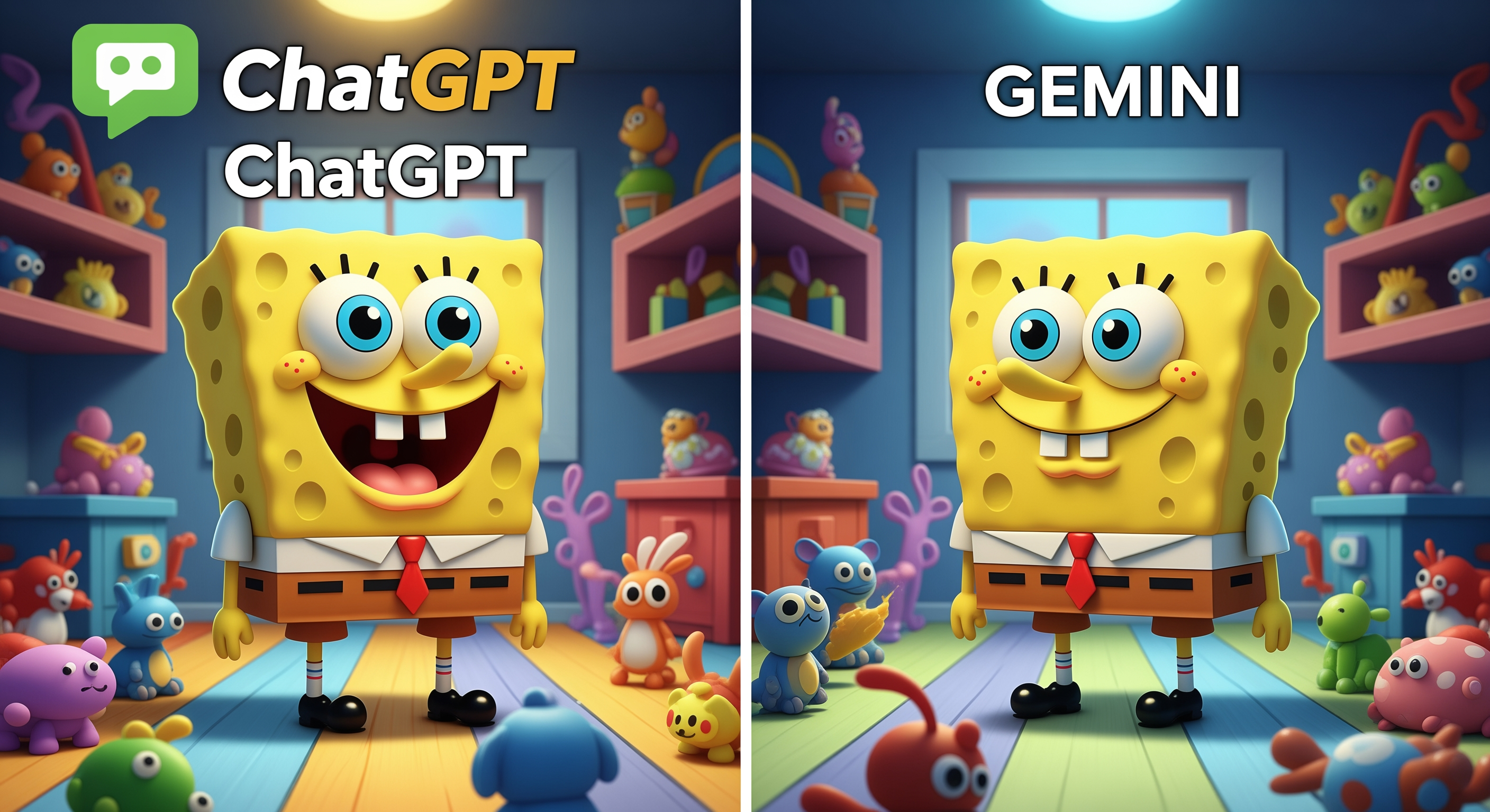 AI Design for Create a 4K YouTube thumbnail in a split-screen style comparing ChatGPT and Gemini. Left side: a cheerful yellow square sea-sponge-inspired cartoon character with big expressive eyes, wearing a white shirt, red tie, brown shorts, and black shoes, standing in a colorful room with small toy animals. Add the ChatGPT logo and the text "ChatGPT" at the top. Right side: a similar sea-sponge-inspired cartoon character in another colorful room with toy animals, with the text "Gemini" at the top. Bright cartoon lighting, vibrant colors, cinematic shadows, highly detailed, professional YouTube thumbnail, eye-catching composition, ultra HD, 3840x2160, 16:9 aspect ratio.