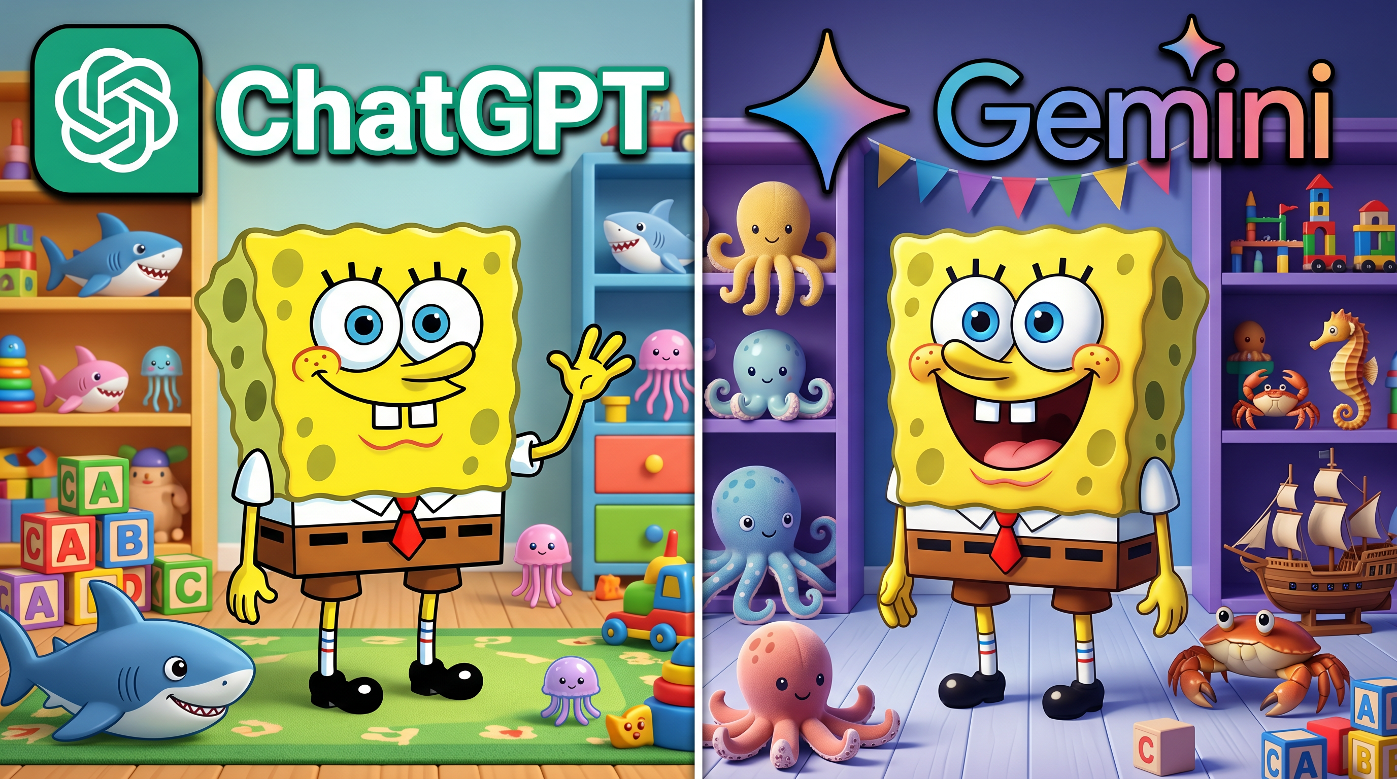 AI Design for .Create a 4K YouTube thumbnail (3840x2160, 16:9 aspect ratio) in a split-screen design.

LEFT SIDE (ChatGPT):
A cute yellow sea-sponge-inspired cartoon character with big blue eyes, white shirt, red tie, brown shorts, and black shoes, standing in a colorful toy room. The character should look cheerful and closely resemble the classic sea-sponge cartoon style without being an exact copy. Add the ChatGPT logo and large "ChatGPT" text at the top. Bright lighting, vibrant toys, cute sea creatures, and a playful atmosphere.

RIGHT SIDE (Gemini):
Create a noticeably different yellow sponge-inspired character with a different facial expression, slightly different body proportions, a bigger smile, and a more modern cartoon style. Place the character in a purple-blue toy room with different toys such as octopuses, crabs, and seahorses. Add the Gemini logo and large "Gemini" text at the top.

Professional YouTube thumbnail, ultra-detailed, vibrant colors, cinematic lighting, high contrast, eye-catching composition, clean separation line in the middle, 4K resolution.