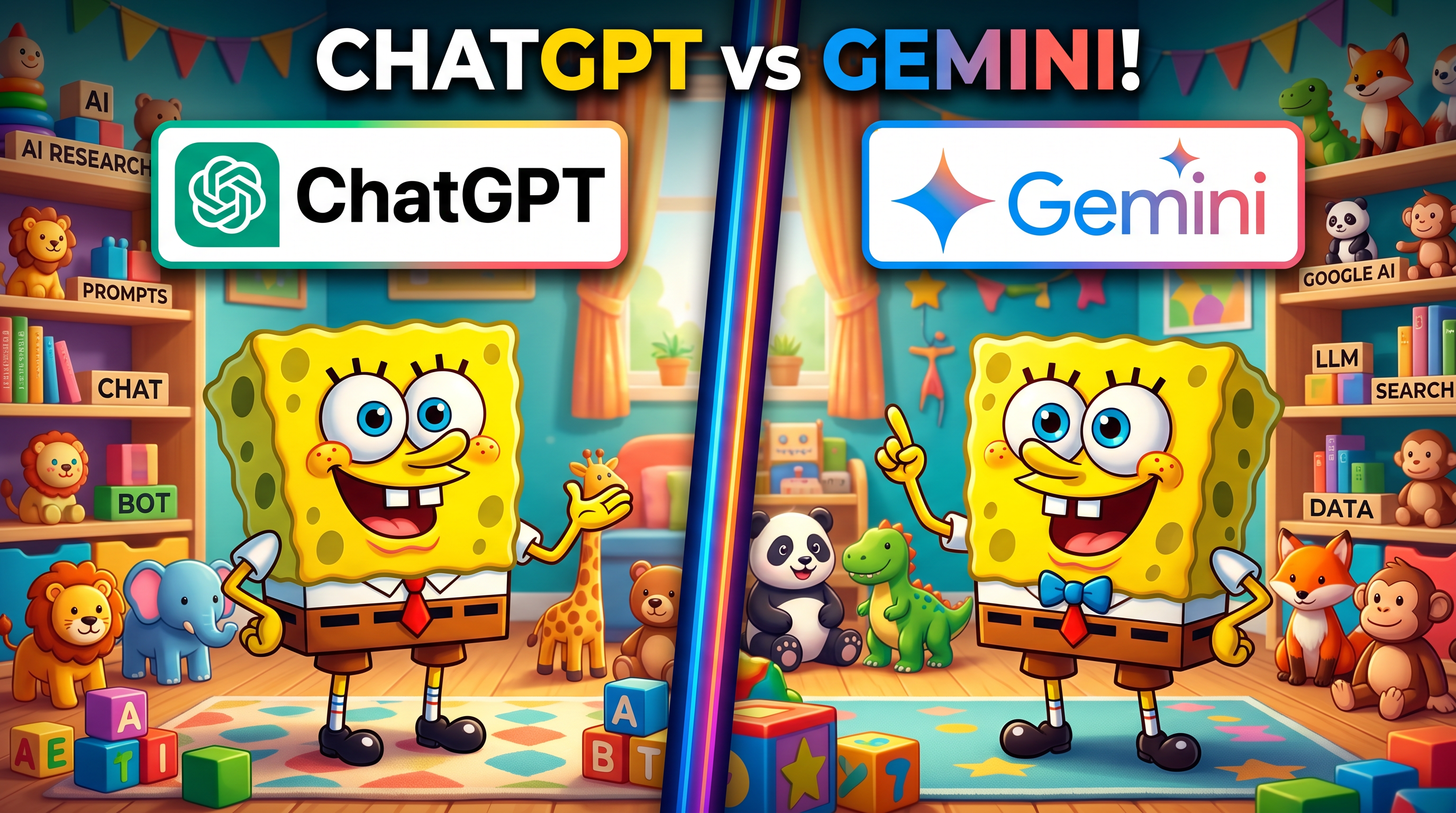 AI Design for Create a 4K YouTube thumbnail in a split-screen style comparing ChatGPT and Gemini. On the left side, show a cute yellow square sea sponge-inspired cartoon character standing in a colorful room with small toy animals and the ChatGPT logo at the top with the text "ChatGPT". On the right side, show another cute yellow square sea sponge-inspired cartoon character in a colorful room with toy animals and the text "Gemini" at the top. Bright lighting, vibrant colors, cinematic shadows, ultra-detailed, high contrast, professional YouTube thumbnail design, expressive cartoon characters, eye-catching composition, 16:9 aspect ratio, ultra HD 3840x2160.