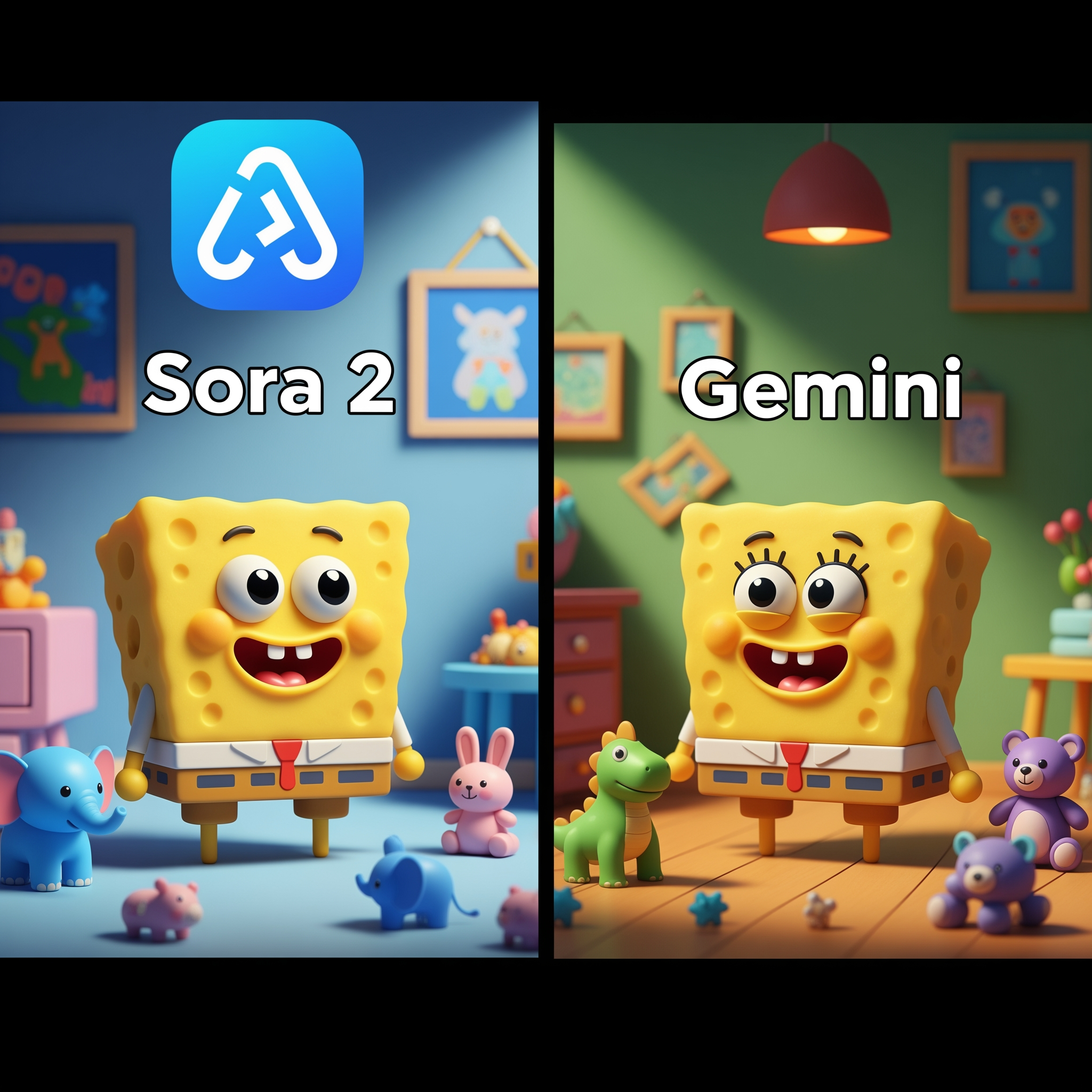 AI Design for Create a 4K YouTube thumbnail in a split-screen style comparing two AI models. Left side shows a cute yellow square sea sponge cartoon character standing in a colorful room with small toy animals and a blue AI app logo at the top, labeled "Sora 2". Right side shows a similar cute sea sponge character in a different colorful room with toy animals and the text "Gemini" at the top. Bright lighting, vibrant colors, cinematic shadows, ultra-detailed, high contrast, professional YouTube thumbnail design, expressive cartoon characters, clean composition, eye-catching, 16:9 aspect ratio, 4K resolution.