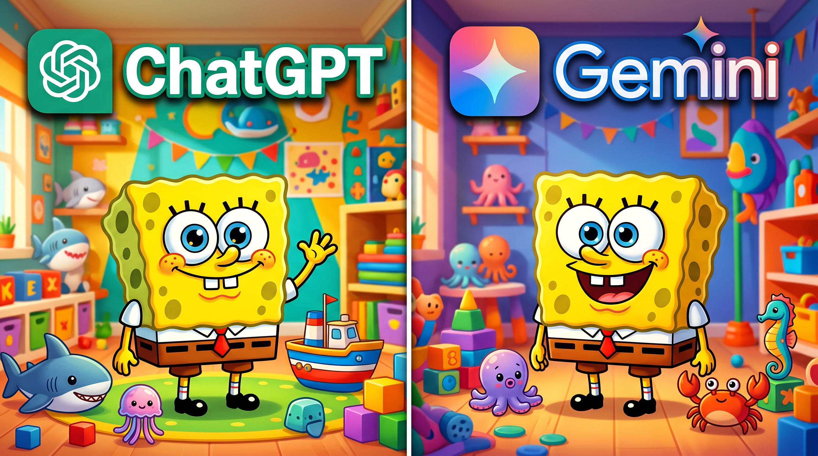 AI Design for Create a 4K YouTube thumbnail in a split-screen style comparing ChatGPT and Gemini. On the left side, show a cute yellow square sea sponge-inspired cartoon character standing in a colorful room with small toy animals and the ChatGPT logo at the top with the text "ChatGPT". On the right side, show another cute yellow square sea sponge-inspired cartoon character in a colorful room with toy animals and the text "Gemini" at the top. Bright lighting, vibrant colors, cinematic shadows, ultra-detailed, high contrast, professional YouTube thumbnail design, expressive cartoon characters, eye-catching composition, 16:9 aspect ratio, ultra HD 3840x2160.