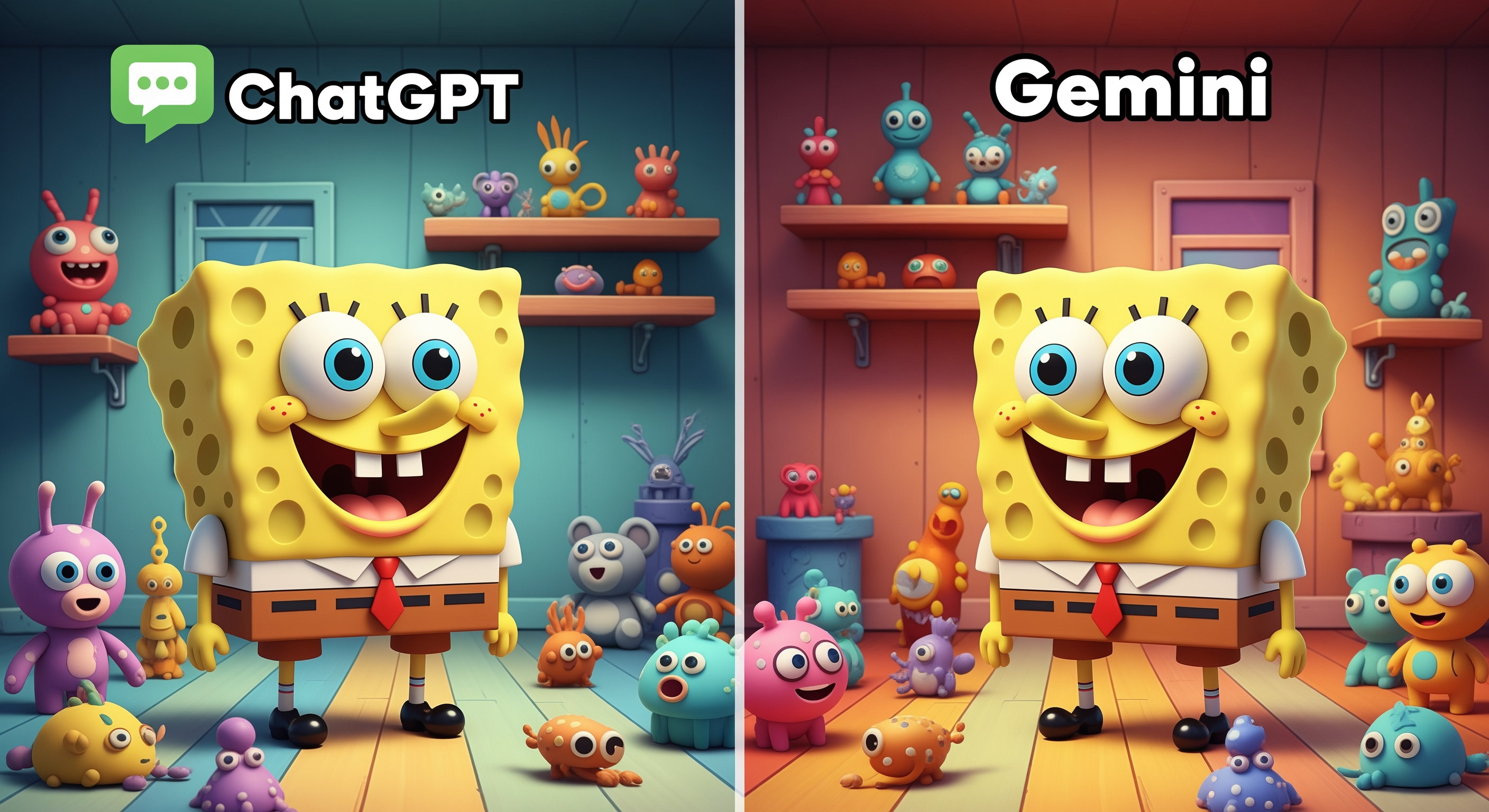 AI Design for Create a 4K YouTube thumbnail in a split-screen style comparing ChatGPT and Gemini. Left side: a cheerful yellow square sea-sponge-inspired cartoon character with big expressive eyes, wearing a white shirt, red tie, brown shorts, and black shoes, standing in a colorful room with small toy animals. Add the ChatGPT logo and the text "ChatGPT" at the top. Right side: a similar sea-sponge-inspired cartoon character in another colorful room with toy animals, with the text "Gemini" at the top. Bright cartoon lighting, vibrant colors, cinematic shadows, highly detailed, professional YouTube thumbnail, eye-catching composition, ultra HD, 3840x2160, 16:9 aspect ratio.