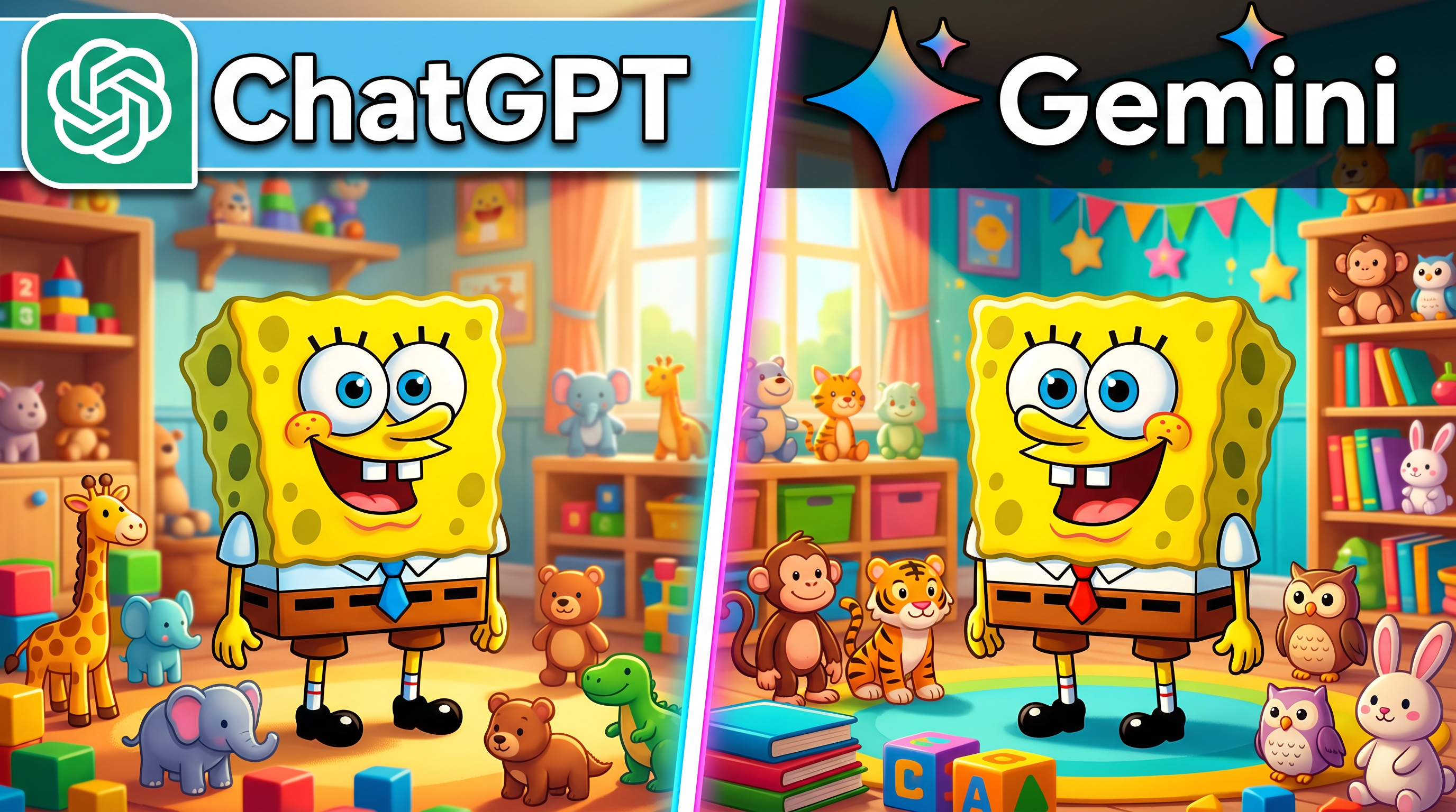 AI Design for Create a 4K YouTube thumbnail in a split-screen style comparing ChatGPT and Gemini. On the left side, show a cute yellow square sea sponge-inspired cartoon character standing in a colorful room with small toy animals and the ChatGPT logo at the top with the text "ChatGPT". On the right side, show another cute yellow square sea sponge-inspired cartoon character in a colorful room with toy animals and the text "Gemini" at the top. Bright lighting, vibrant colors, cinematic shadows, ultra-detailed, high contrast, professional YouTube thumbnail design, expressive cartoon characters, eye-catching composition, 16:9 aspect ratio, ultra HD 3840x2160.