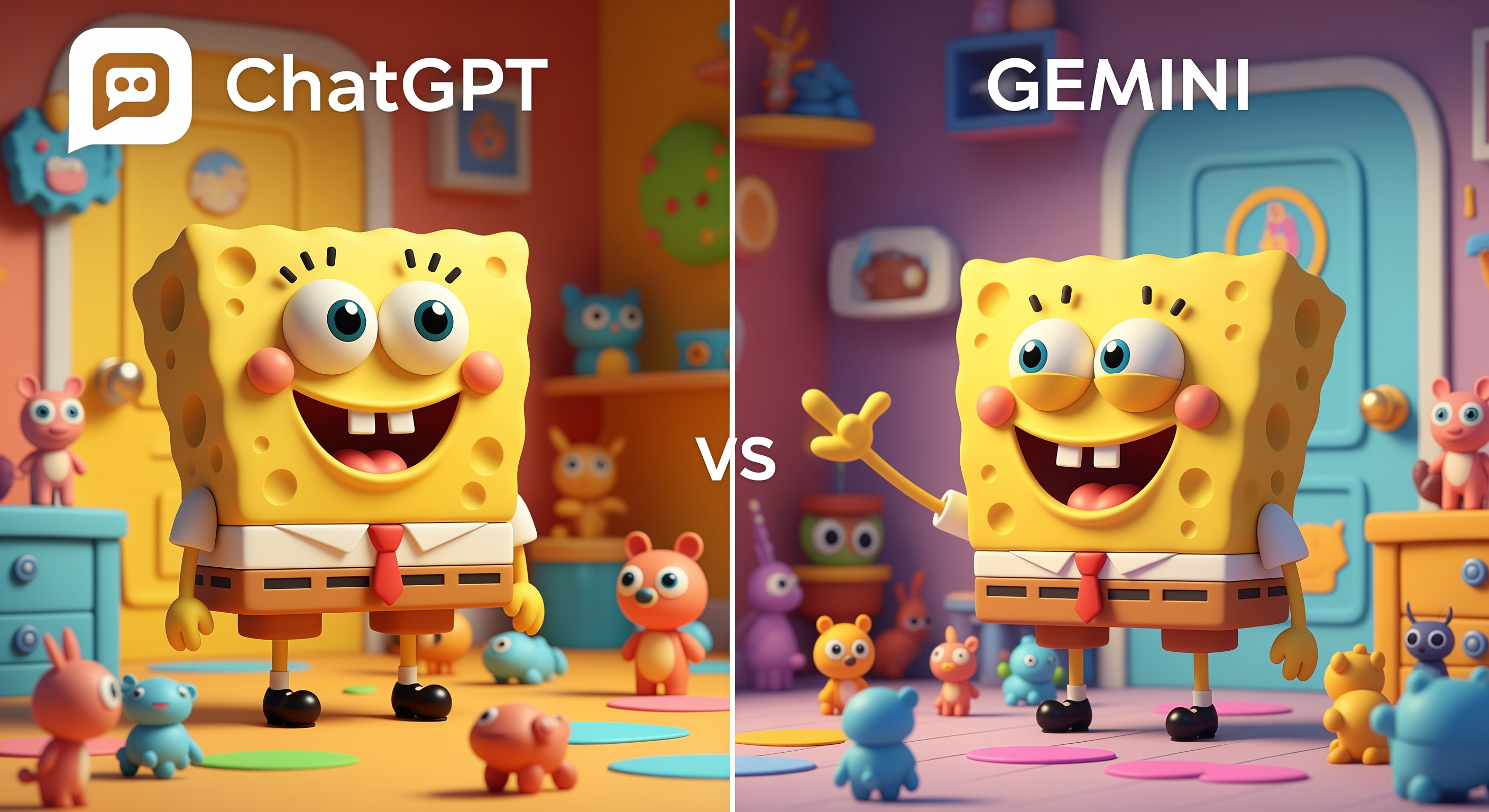 AI Design for Create a 4K YouTube thumbnail in a split-screen style comparing ChatGPT and Gemini. Left side: a cheerful yellow square sea-sponge-inspired cartoon character with big expressive eyes, wearing a white shirt, red tie, brown shorts, and black shoes, standing in a colorful room with small toy animals. Add the ChatGPT logo and the text "ChatGPT" at the top. Right side: a similar sea-sponge-inspired cartoon character in another colorful room with toy animals, with the text "Gemini" at the top. Bright cartoon lighting, vibrant colors, cinematic shadows, highly detailed, professional YouTube thumbnail, eye-catching composition, ultra HD, 3840x2160, 16:9 aspect ratio.
