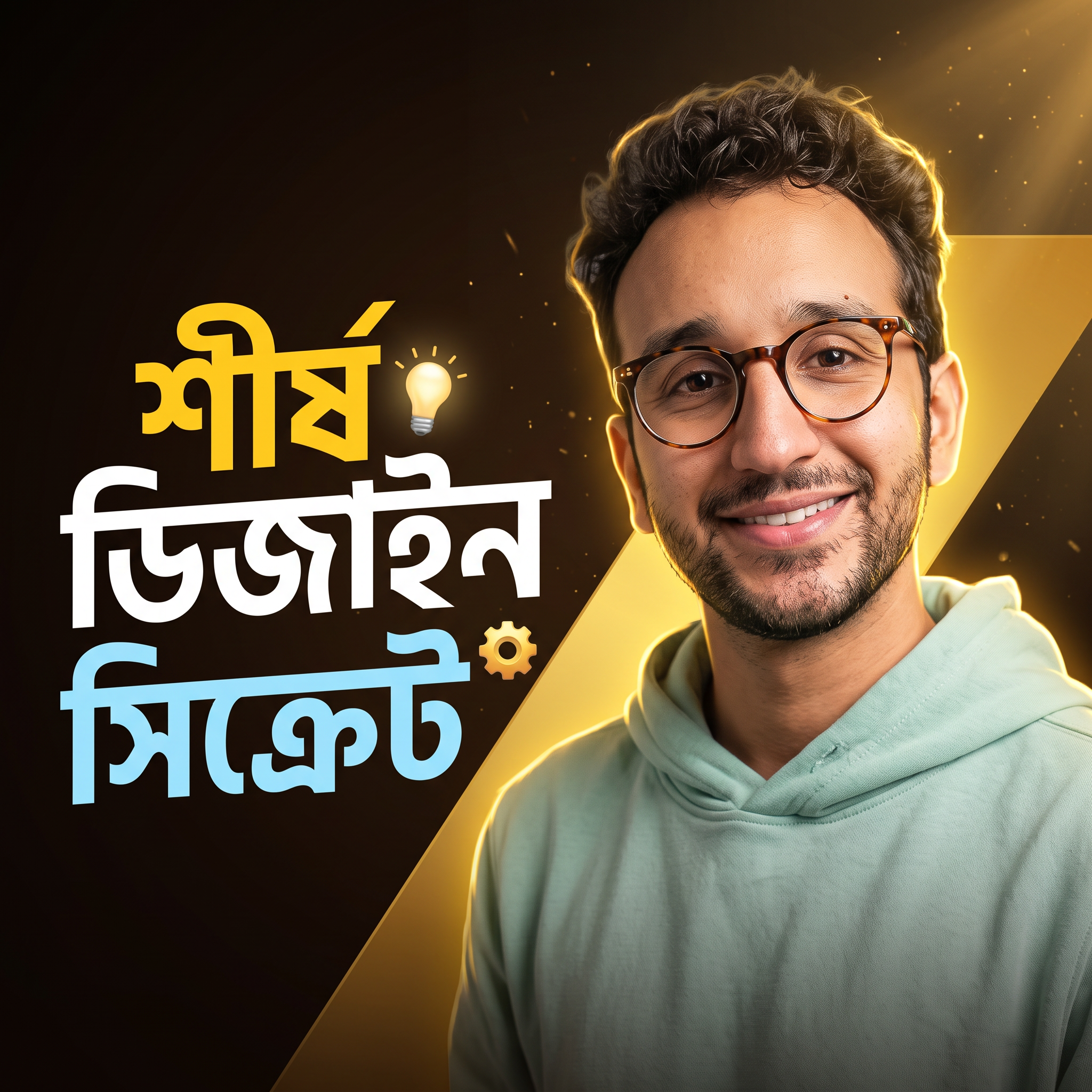 AI Design for Create a high-end professional YouTube thumbnail inspired by modern Bengali tech/design thumbnails.
Use my uploaded photo as the main person. Keep my face highly accurate and recognizable, preserving my natural facial features, hairstyle, skin tone, and identity. Make me look confident, friendly, and professional with a natural smile.
Composition:
- 16:9 YouTube thumbnail, 1280x720
- Place my portrait on the RIGHT side, large and prominent
- Professional half-body portrait
- Add stylish glasses only if they naturally suit the photo
- Warm golden/yellow cinematic lighting around me
- Dark brown/black premium background
- Strong golden glow behind the subject
- Add subtle particles, light rays, and depth-of-field effects
- Add a large diagonal golden geometric shape behind me
- Clean premium graphic-design look
- Strong contrast and eye-catching composition
- Sharp face, realistic skin texture, detailed hair
- Professional studio photography + cinematic lighting
- Ultra realistic, high detail, 4K quality
LEFT SIDE:
Leave clean negative space for large Bengali text.
Use bold modern Bengali typography with a combination of yellow, white, and light blue.
Make the text extremely readable on mobile.
Add a small expressive emoji near the text if appropriate.
Overall style:
Premium Bengali YouTube thumbnail, modern graphic design, cinematic, realistic portrait, dramatic lighting, polished Photoshop-style composition, highly clickable, professional creator thumbnail, clean and visually balanced.
IMPORTANT:
Do not change my face or make me look like another person.
Do not distort facial features.
Do not add extra people.
Do not make the image cartoonish.
Keep the final thumbnail realistic, sharp, clean, and professional.