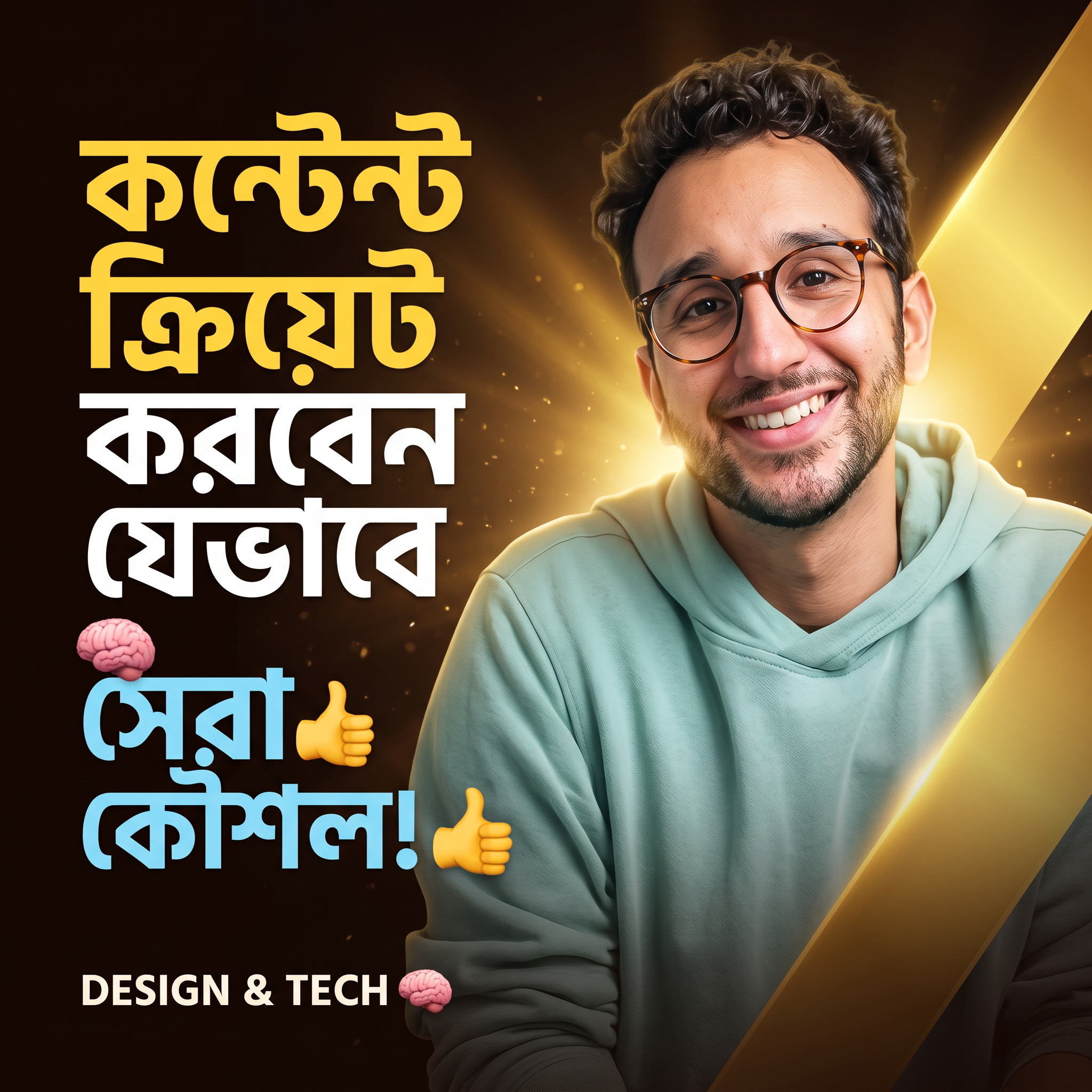 AI Design for Create a high-end professional YouTube thumbnail inspired by modern Bengali tech/design thumbnails.
Use my uploaded photo as the main person. Keep my face highly accurate and recognizable, preserving my natural facial features, hairstyle, skin tone, and identity. Make me look confident, friendly, and professional with a natural smile.
Composition:
- 16:9 YouTube thumbnail, 1280x720
- Place my portrait on the RIGHT side, large and prominent
- Professional half-body portrait
- Add stylish glasses only if they naturally suit the photo
- Warm golden/yellow cinematic lighting around me
- Dark brown/black premium background
- Strong golden glow behind the subject
- Add subtle particles, light rays, and depth-of-field effects
- Add a large diagonal golden geometric shape behind me
- Clean premium graphic-design look
- Strong contrast and eye-catching composition
- Sharp face, realistic skin texture, detailed hair
- Professional studio photography + cinematic lighting
- Ultra realistic, high detail, 4K quality
LEFT SIDE:
Leave clean negative space for large Bengali text.
Use bold modern Bengali typography with a combination of yellow, white, and light blue.
Make the text extremely readable on mobile.
Add a small expressive emoji near the text if appropriate.
Overall style:
Premium Bengali YouTube thumbnail, modern graphic design, cinematic, realistic portrait, dramatic lighting, polished Photoshop-style composition, highly clickable, professional creator thumbnail, clean and visually balanced.
IMPORTANT:
Do not change my face or make me look like another person.
Do not distort facial features.
Do not add extra people.
Do not make the image cartoonish.
Keep the final thumbnail realistic, sharp, clean, and professional.