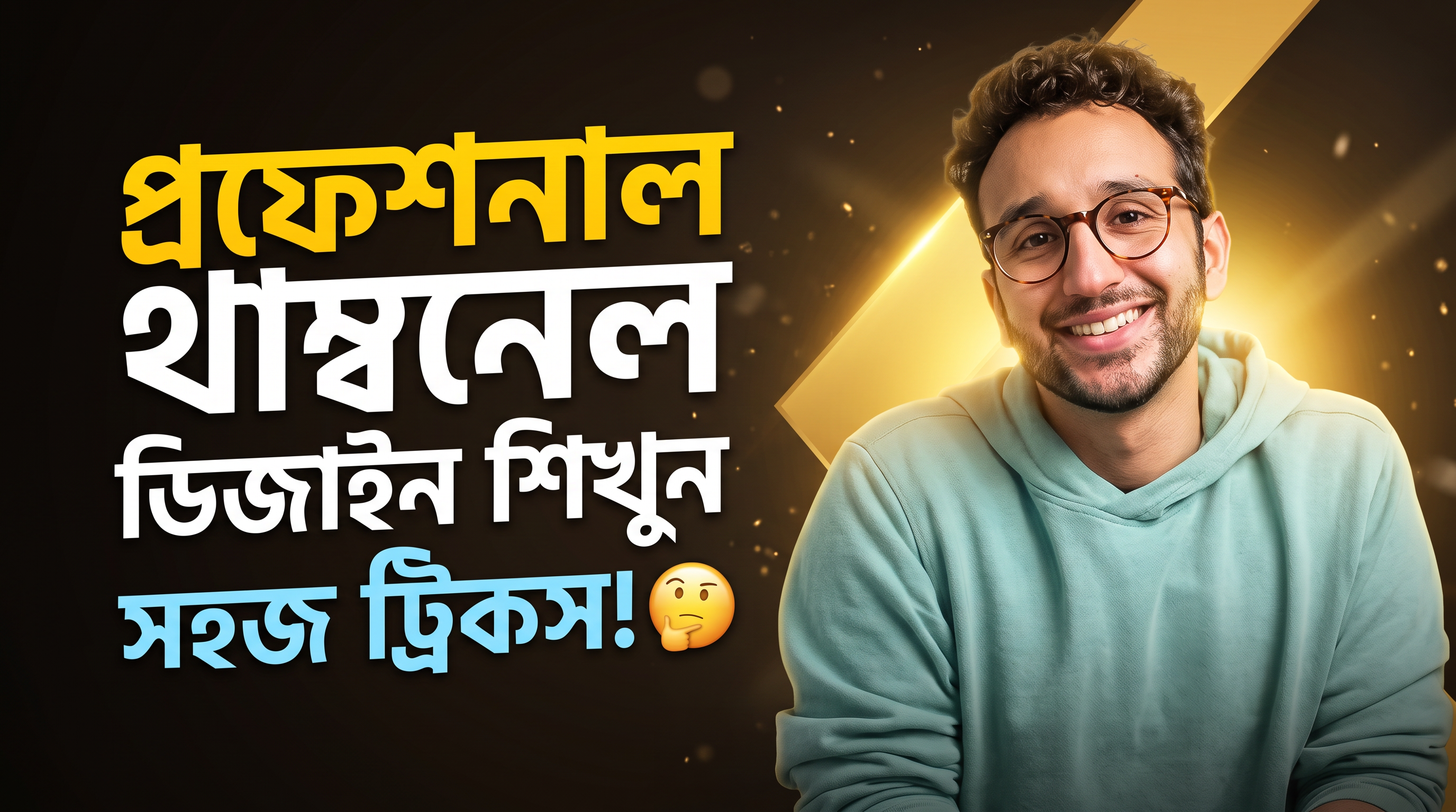 AI Design for Create a high-end professional YouTube thumbnail inspired by modern Bengali tech/design thumbnails.
Use my uploaded photo as the main person. Keep my face highly accurate and recognizable, preserving my natural facial features, hairstyle, skin tone, and identity. Make me look confident, friendly, and professional with a natural smile.
Composition:
- 16:9 YouTube thumbnail, 1280x720
- Place my portrait on the RIGHT side, large and prominent
- Professional half-body portrait
- Add stylish glasses only if they naturally suit the photo
- Warm golden/yellow cinematic lighting around me
- Dark brown/black premium background
- Strong golden glow behind the subject
- Add subtle particles, light rays, and depth-of-field effects
- Add a large diagonal golden geometric shape behind me
- Clean premium graphic-design look
- Strong contrast and eye-catching composition
- Sharp face, realistic skin texture, detailed hair
- Professional studio photography + cinematic lighting
- Ultra realistic, high detail, 4K quality
LEFT SIDE:
Leave clean negative space for large Bengali text.
Use bold modern Bengali typography with a combination of yellow, white, and light blue.
Make the text extremely readable on mobile.
Add a small expressive emoji near the text if appropriate.
Overall style:
Premium Bengali YouTube thumbnail, modern graphic design, cinematic, realistic portrait, dramatic lighting, polished Photoshop-style composition, highly clickable, professional creator thumbnail, clean and visually balanced.
IMPORTANT:
Do not change my face or make me look like another person.
Do not distort facial features.
Do not add extra people.
Do not make the image cartoonish.
Keep the final thumbnail realistic, sharp, clean, and professional.