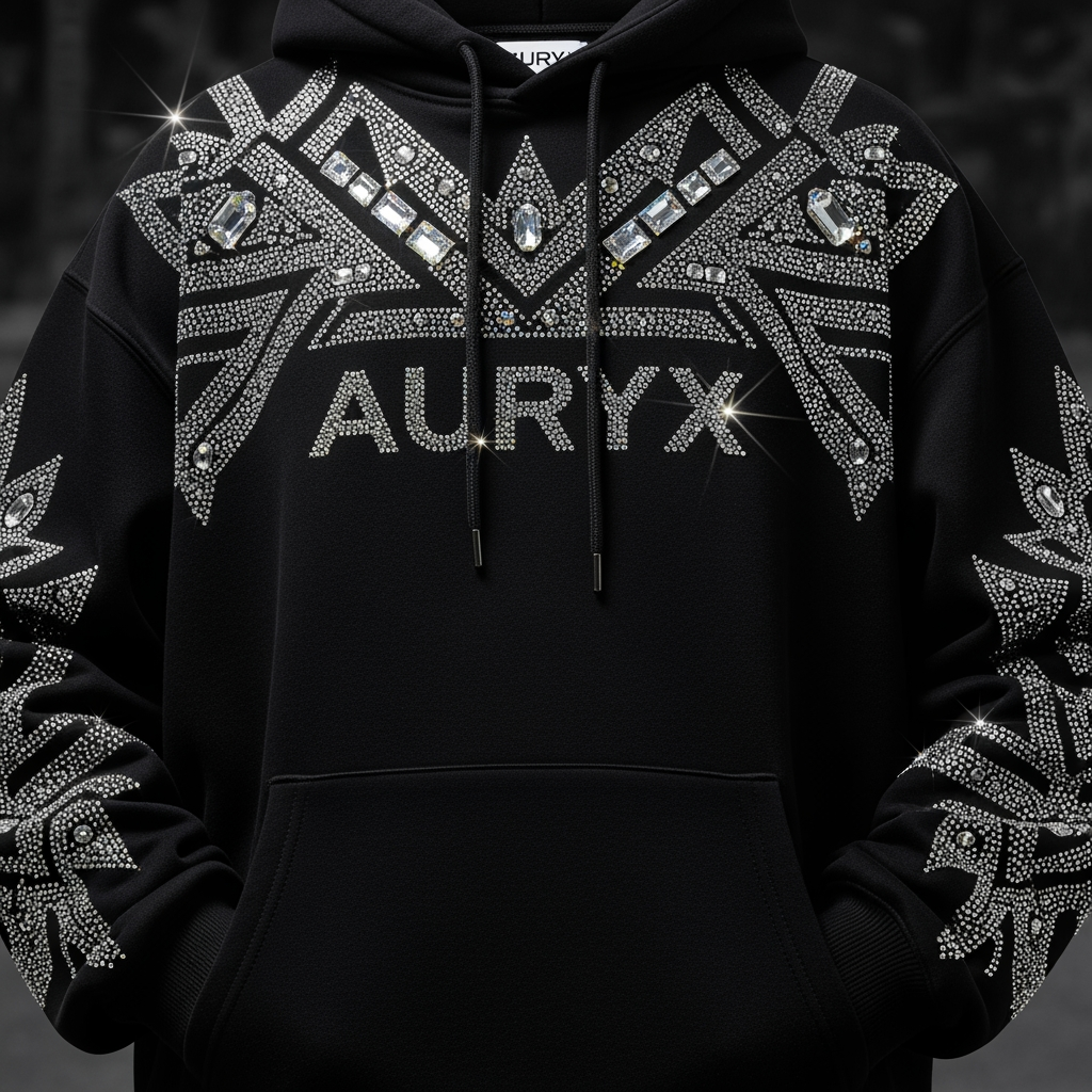 AI Design for i have a brand name 'auryx'. clothing premium brand. niche is streetwear and crystal embroidery