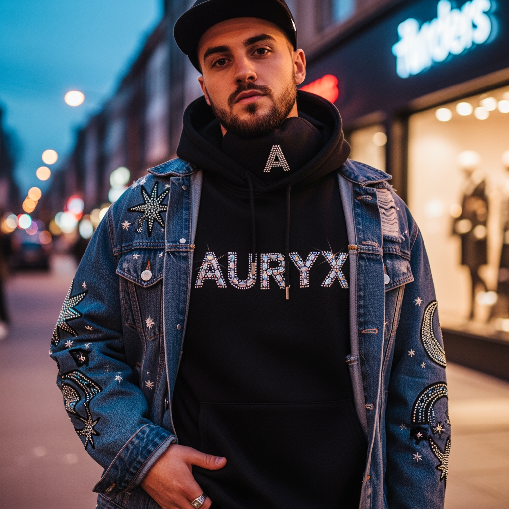 AI Design for i have a brand name 'auryx'. clothing premium brand. niche is streetwear and crystal embroidery