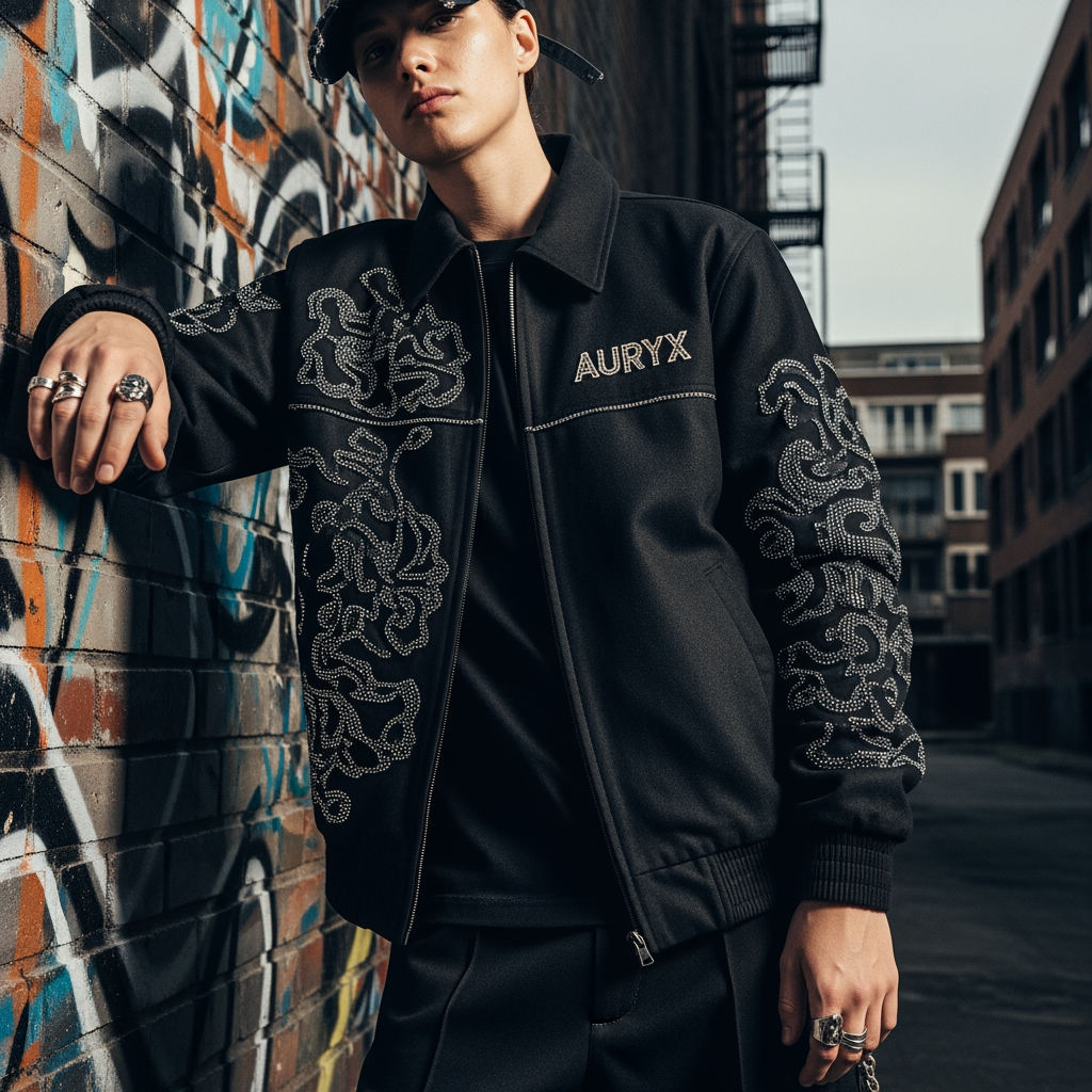 AI Design for i have a brand name 'auryx'. clothing premium brand. niche is streetwear and crystal embroidery