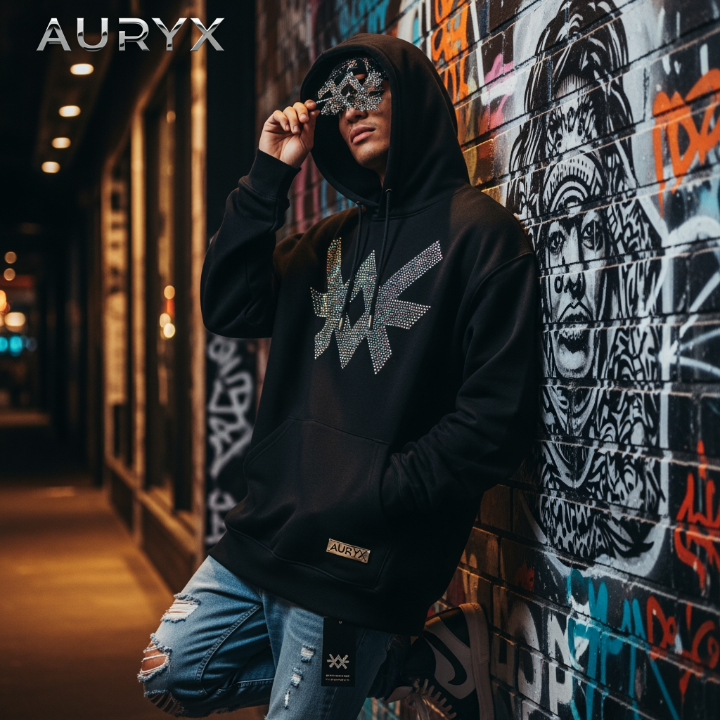 AI Design for i have a brand name 'auryx'. clothing premium brand. niche is streetwear and crystal embroidery