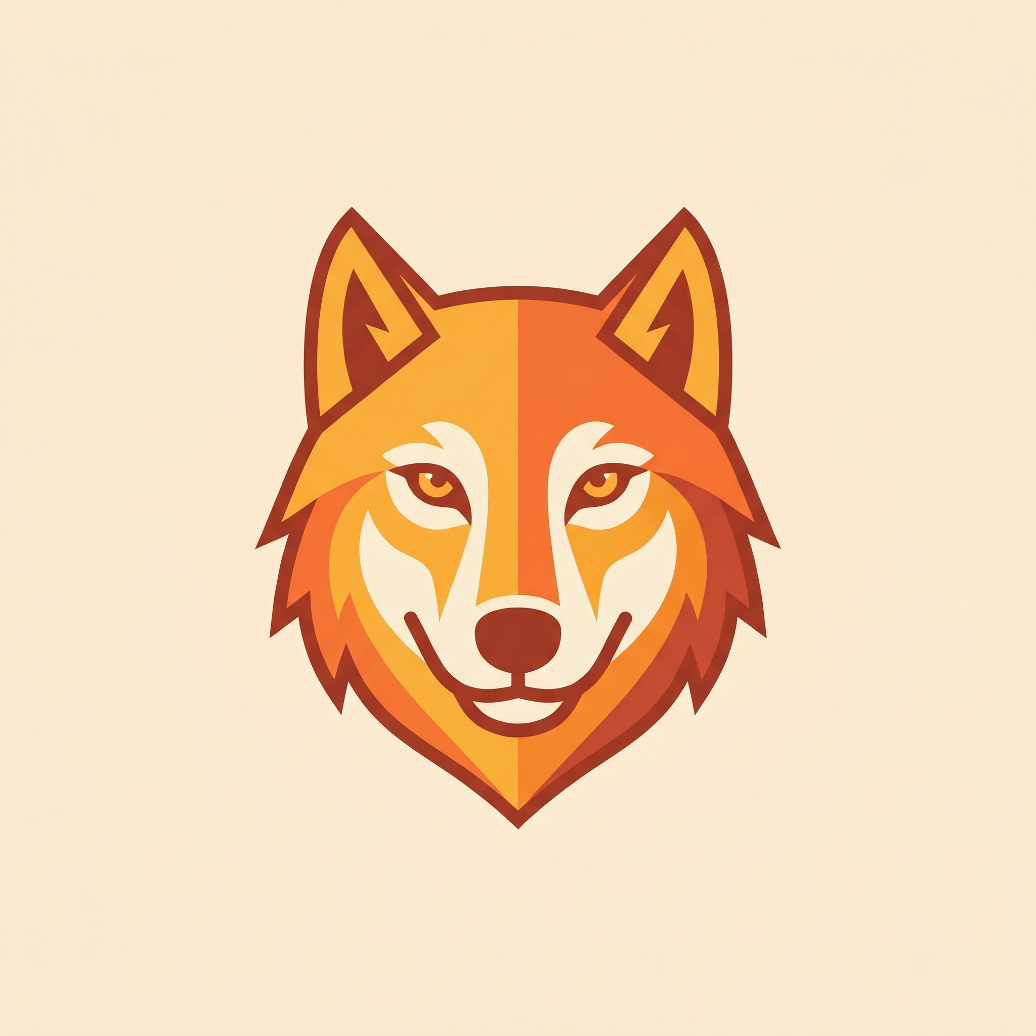 AI Design for A bold, minimalist vector logo of a wolf facing forward with a friendly and confident expression, designed for apparel. The aesthetic features clean geometric lines and a warm, vibrant color palette to emphasize a positive attitude, isolated on a solid background for easy placement on a t-shirt.