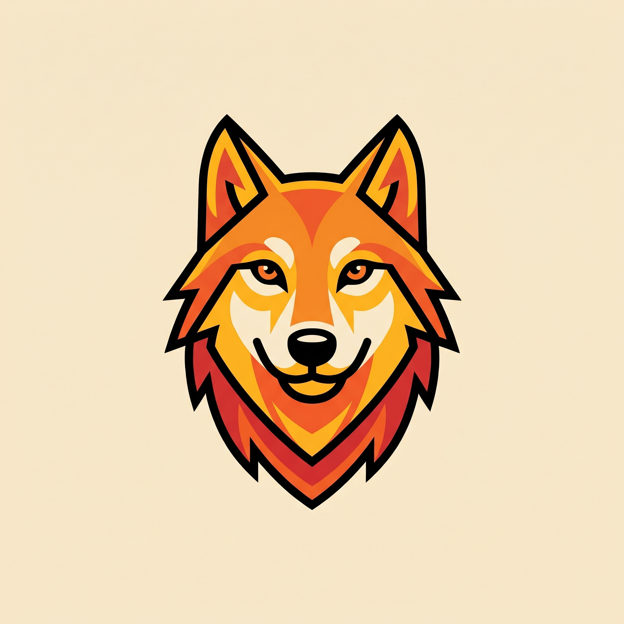 AI Design for A bold, minimalist vector logo of a wolf facing forward with a friendly and confident expression, designed for apparel. The aesthetic features clean geometric lines and a warm, vibrant color palette to emphasize a positive attitude, isolated on a solid background for easy placement on a t-shirt.