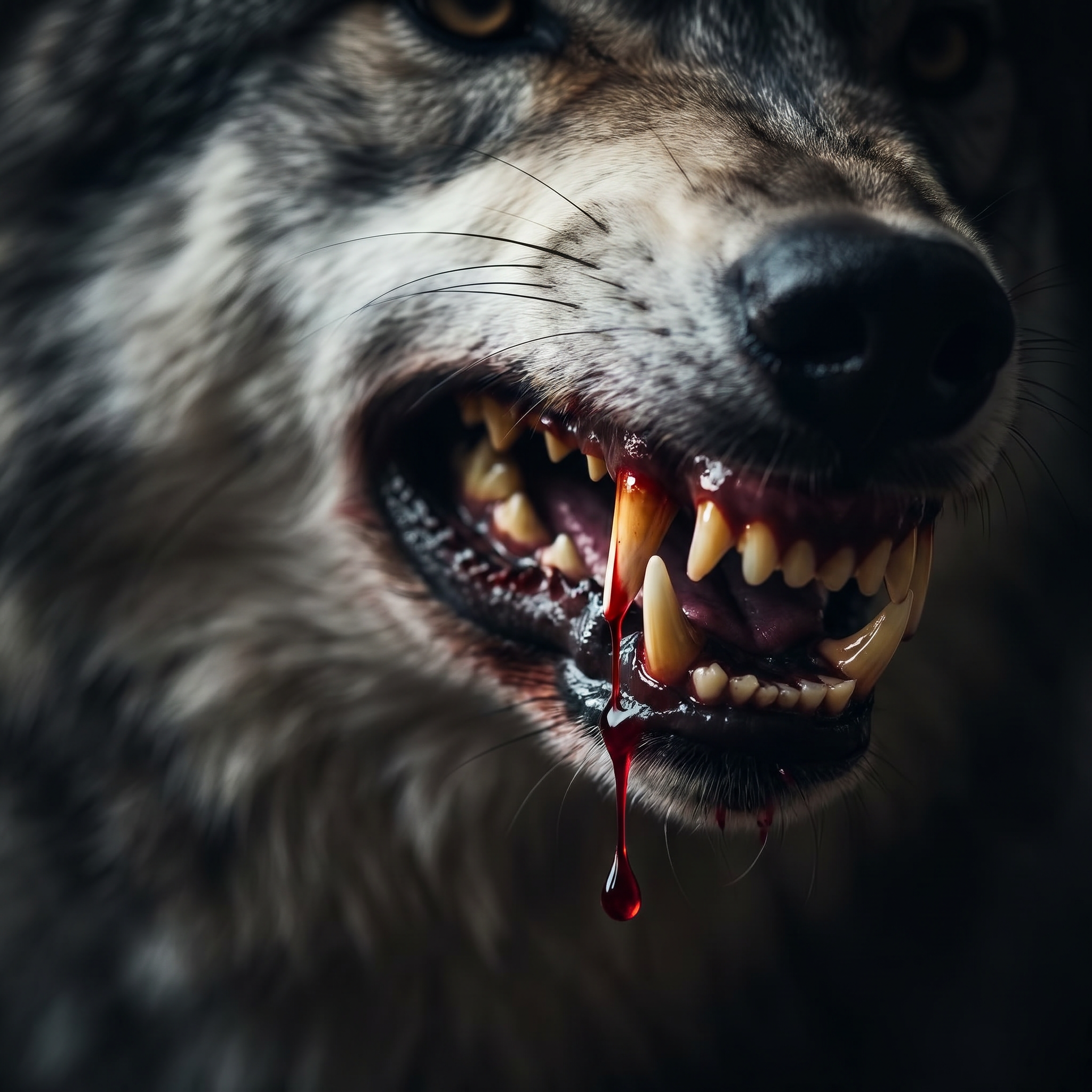 AI Design for A hyper-realistic, cinematic close-up of a fierce wolf's snarling mouth, with a single, vivid droplet of crimson blood falling from its sharp, jagged fangs. The lighting is dramatic and moody, featuring dark, high-contrast shadows that emphasize the texture of the wolf's fur and the glistening wetness of the blood, captured with a shallow depth of field.