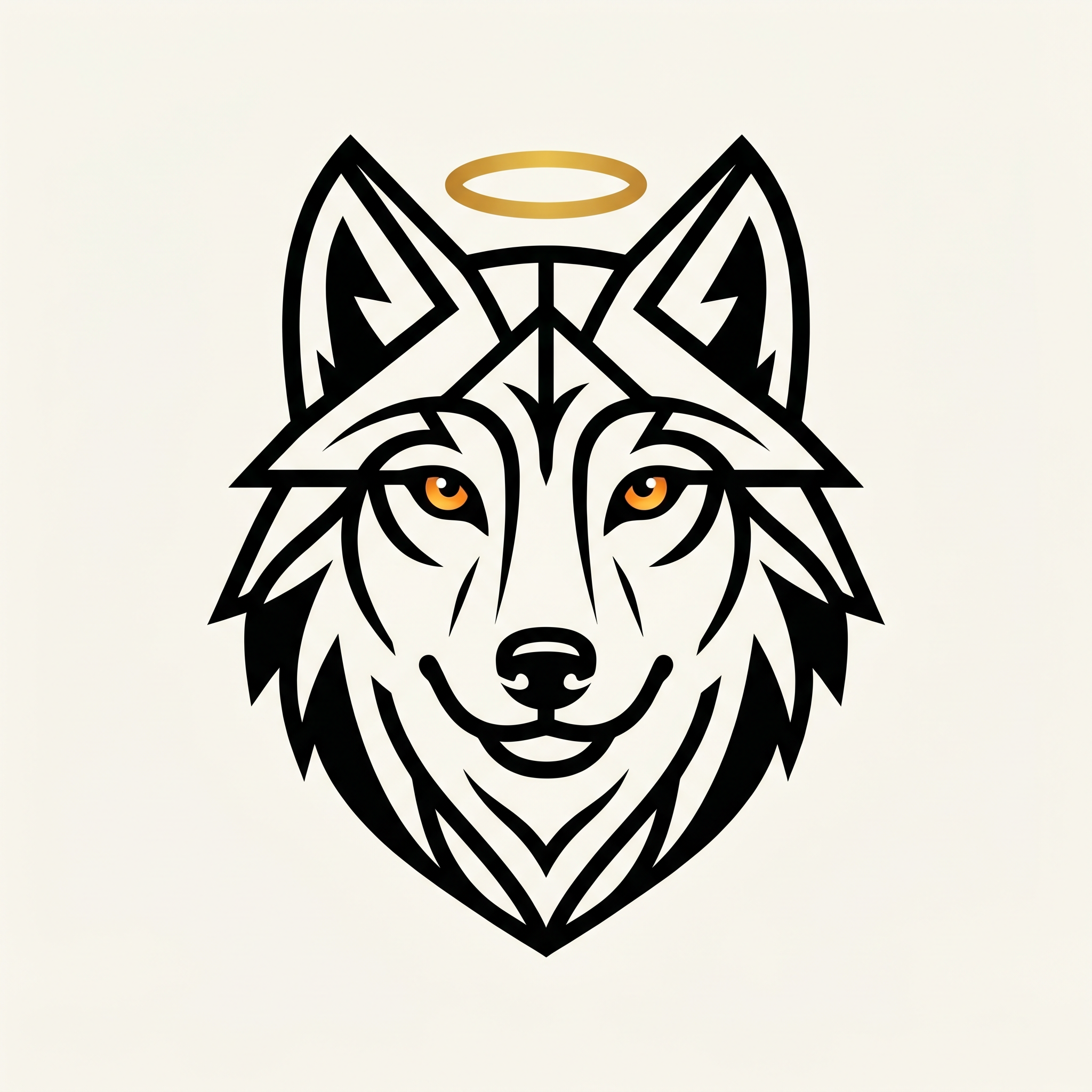 AI Design for A bold, minimalist vector and black and white logo of a wolf facing forward with a friendly and confident expression, designed for apparel. The aesthetic features clean geometric lines and a warm, vibrant color palette to emphasize a positive attitude, isolated on a solid background for easy placement on a t-shirt.
