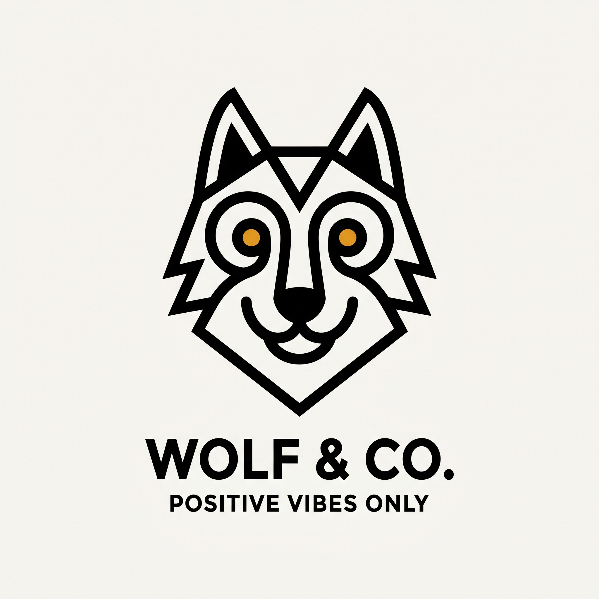 AI Design for A bold, minimalist vector and black and white logo of a wolf facing forward with a friendly and confident expression, designed for apparel. The aesthetic features clean geometric lines and a warm, vibrant color palette to emphasize a positive attitude, isolated on a solid background for easy placement on a t-shirt.