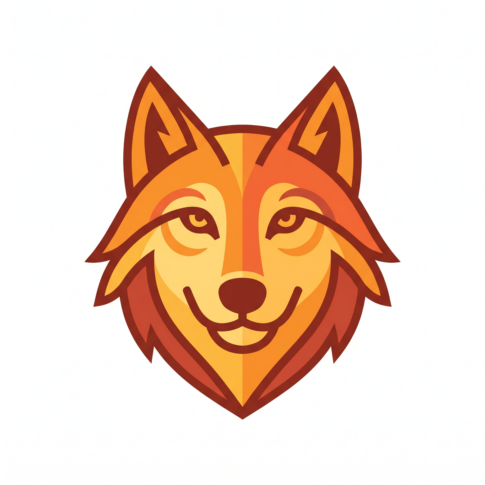 AI Design for A bold, minimalist vector logo of a wolf facing forward with a friendly and confident expression, designed for apparel. The aesthetic features clean geometric lines and a warm, vibrant color palette to emphasize a positive attitude, isolated on a solid background for easy placement on a t-shirt.