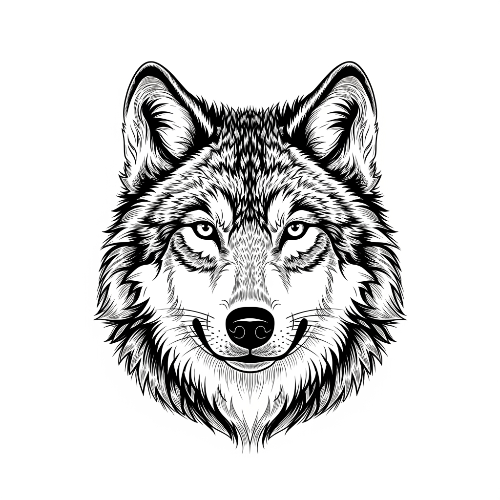 AI Design for make a aesthetic wolf logo black and white but detailing the hairs and eyes of the wolf which facing in the front for t shirt which shows positive attitude and make a leading character