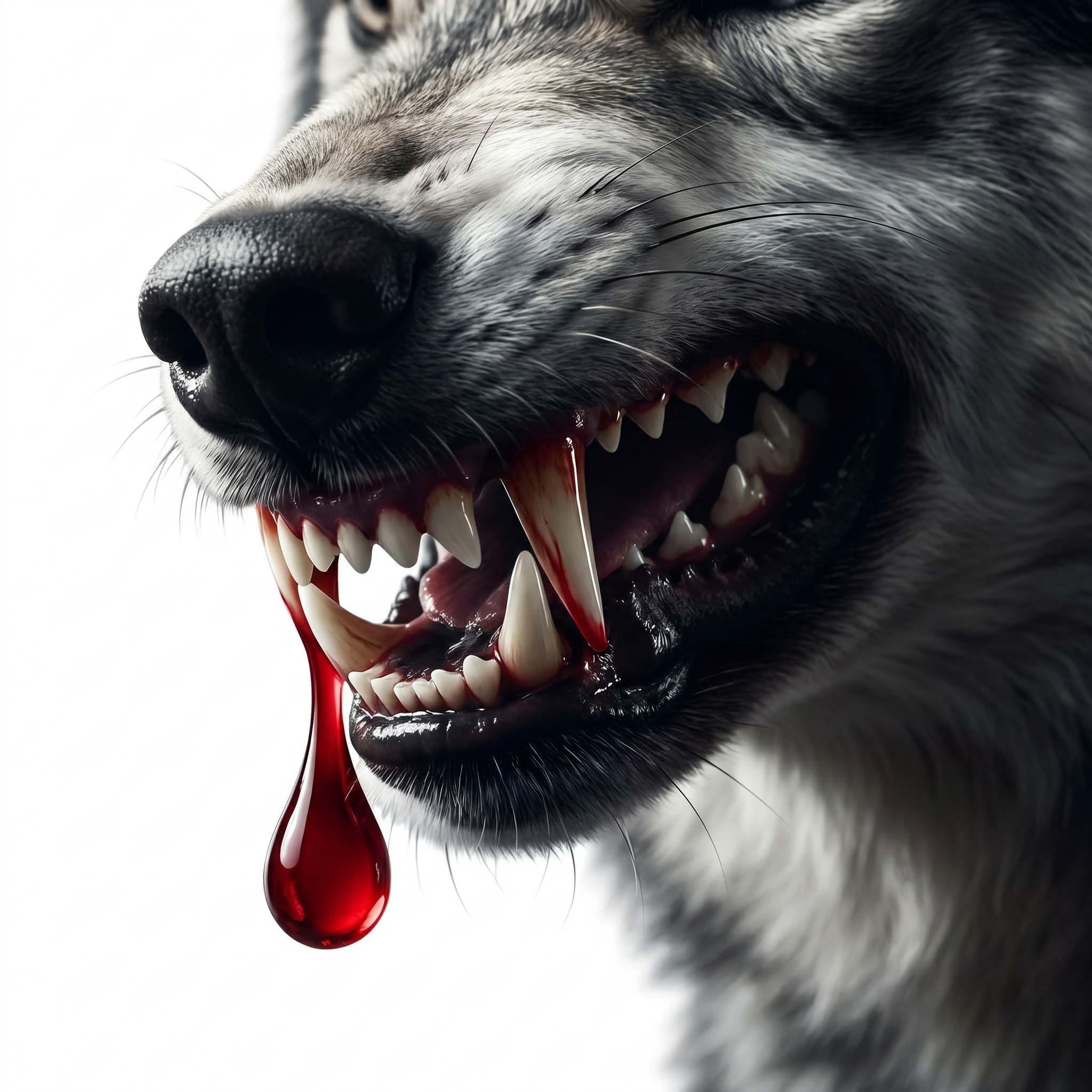 AI Design for make a logo like the uploaded image fierce wolf's snarling mouth, with a single, vivid droplet of crimson blood falling from its sharp, jagged fangs. The lighting is dramatic and moody, featuring dark, high-contrast shadows that emphasize the texture of the wolf's fur and the glistening wetness of the blood, captured with a shallow depth of field.