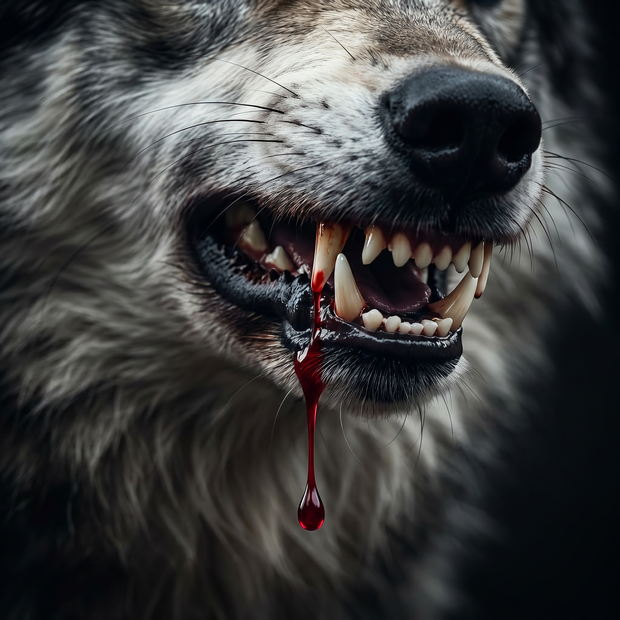 AI Design for A hyper-realistic, cinematic close-up of a fierce wolf's snarling mouth, with a single, vivid droplet of crimson blood falling from its sharp, jagged fangs. The lighting is dramatic and moody, featuring dark, high-contrast shadows that emphasize the texture of the wolf's fur and the glistening wetness of the blood, captured with a shallow depth of field.