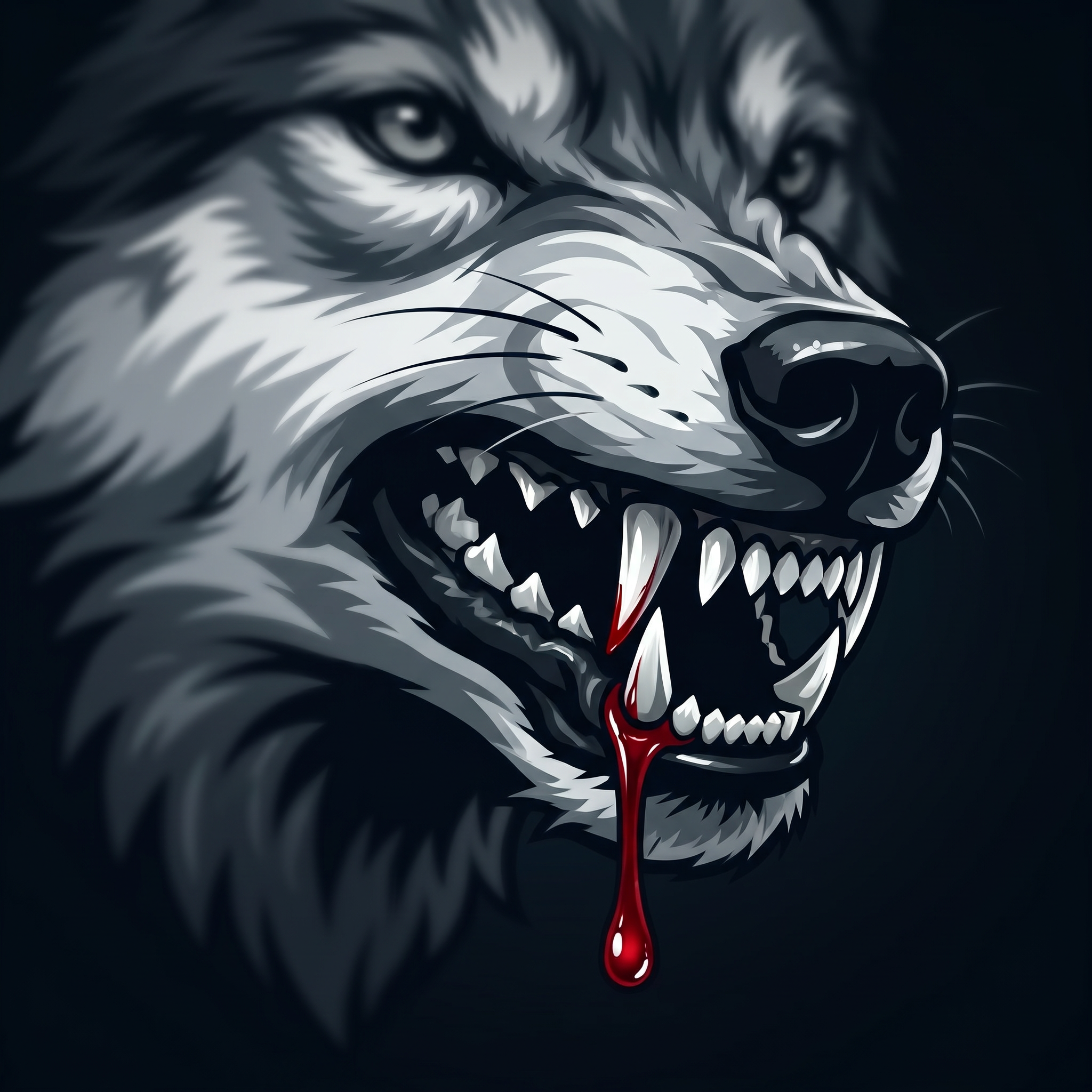 AI Design for make a logo like the uploaded image fierce wolf's snarling mouth, with a single, vivid droplet of crimson blood falling from its sharp, jagged fangs. The lighting is dramatic and moody, featuring dark, high-contrast shadows that emphasize the texture of the wolf's fur and the glistening wetness of the blood, captured with a shallow depth of field.