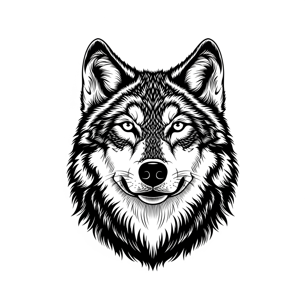 AI Design for make a aesthetic wolf logo black and white but detailing the hairs and eyes of the wolf which facing in the front for t shirt which shows positive attitude and make a leading character