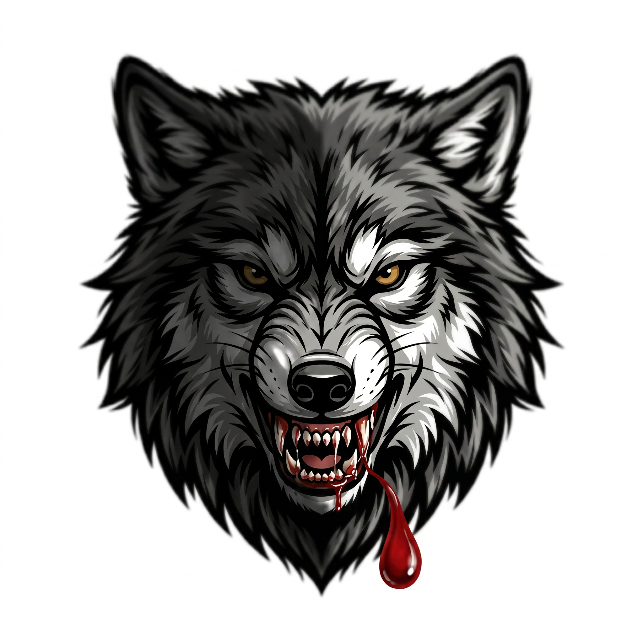 AI Design for make a logo like the uploaded image fierce wolf's snarling mouth, with a single, vivid droplet of crimson blood falling from its sharp, jagged fangs. The lighting is dramatic and moody, featuring dark, high-contrast shadows that emphasize the texture of the wolf's fur and the glistening wetness of the blood, captured with a shallow depth of field.