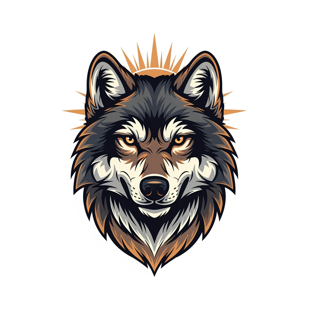 AI Design for make a aesthetic wolf logo which facing in the front for t shirt which shows positive attitude and make a leading character