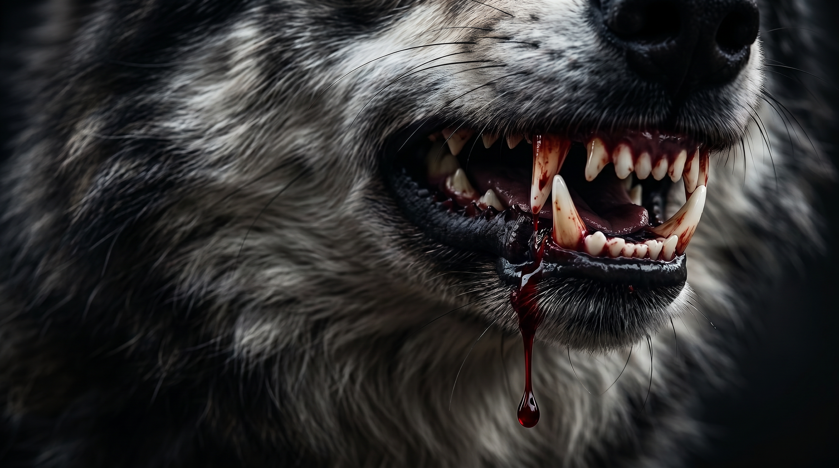 AI Design for A hyper-realistic, cinematic close-up of a fierce wolf's snarling mouth, with a single, vivid droplet of crimson blood falling from its sharp, jagged fangs. The lighting is dramatic and moody, featuring dark, high-contrast shadows that emphasize the texture of the wolf's fur and the glistening wetness of the blood, captured with a shallow depth of field.