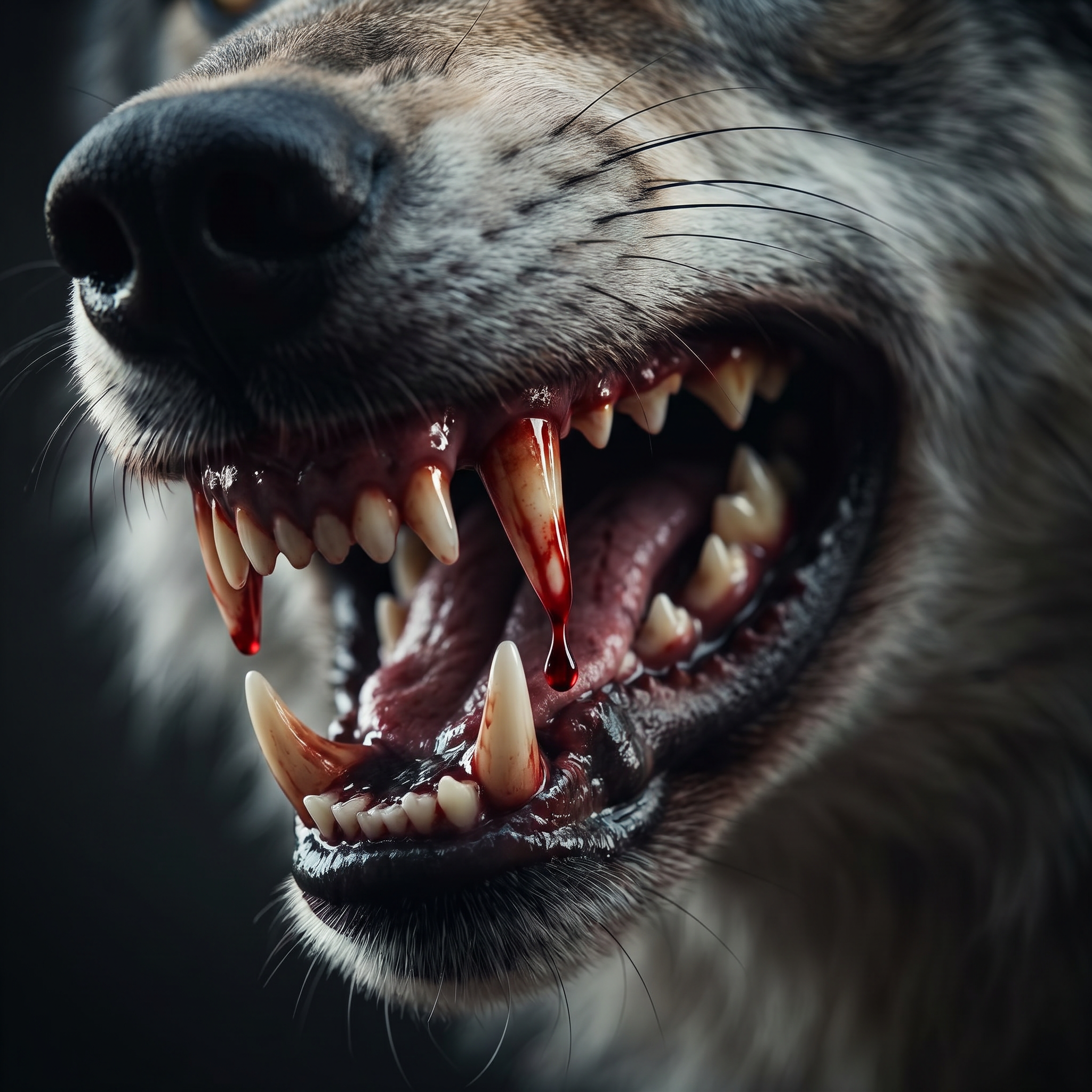 AI Design for A hyper-realistic, cinematic close-up of a fierce wolf's snarling mouth, with a single, vivid droplet of crimson blood falling from its sharp, jagged fangs. The lighting is dramatic and moody, featuring dark, high-contrast shadows that emphasize the texture of the wolf's fur and the glistening wetness of the blood, captured with a shallow depth of field.