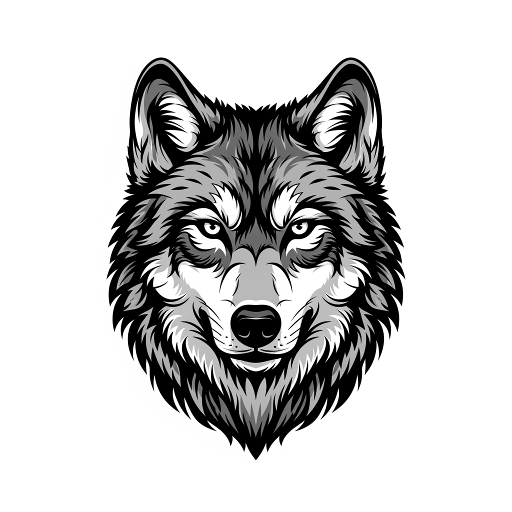 AI Design for make a aesthetic wolf logo black and white but detailing the hairs and eyes of the wolf which facing in the front for t shirt which shows positive attitude and make a leading character