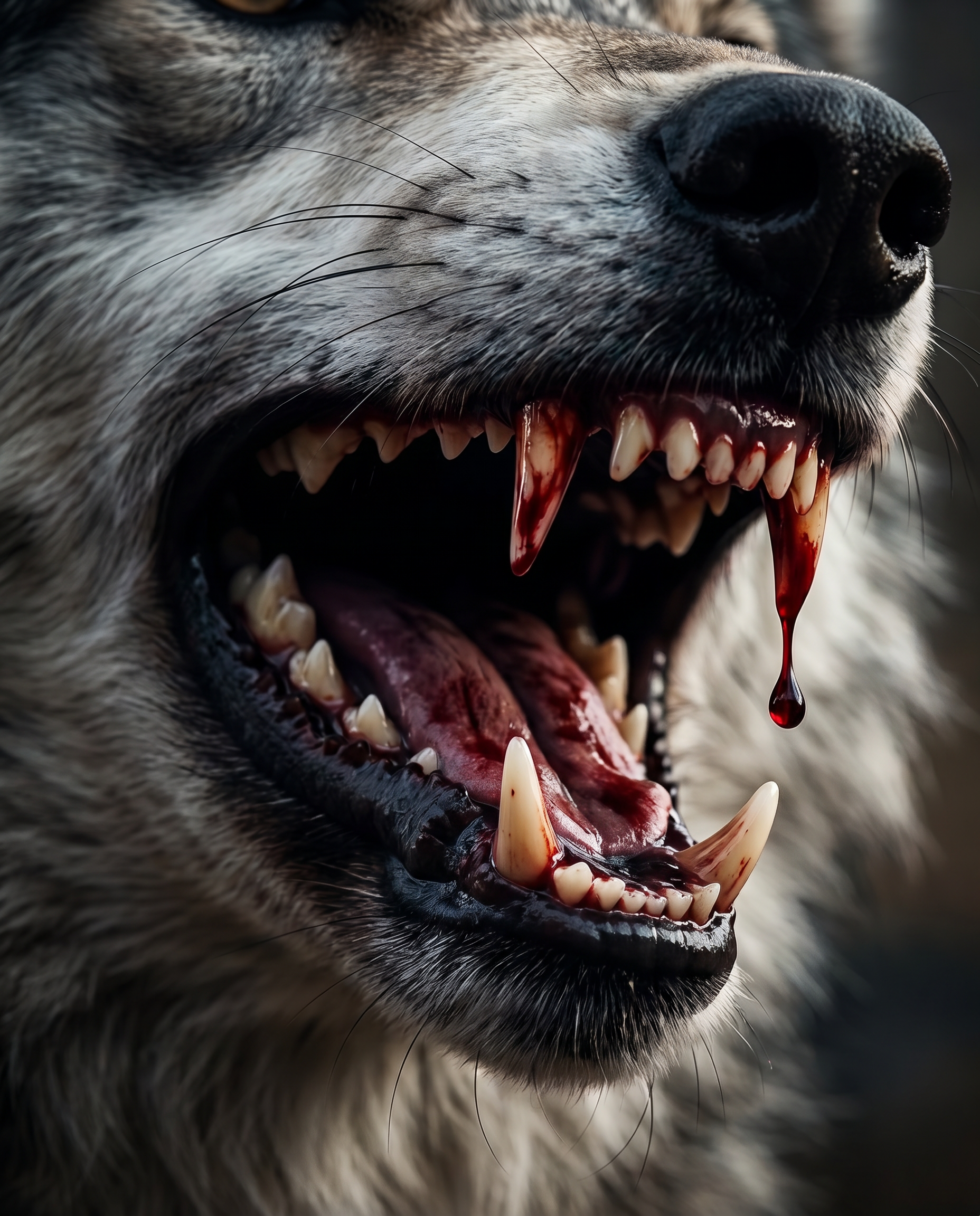 AI Design for A hyper-realistic, cinematic close-up of a fierce wolf's snarling mouth, with a single, vivid droplet of crimson blood falling from its sharp, jagged fangs. The lighting is dramatic and moody, featuring dark, high-contrast shadows that emphasize the texture of the wolf's fur and the glistening wetness of the blood, captured with a shallow depth of field.