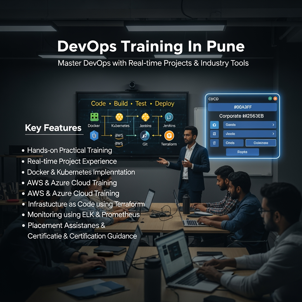 AI Design for 🎯 Prompt 3 (Rewritten)
“DevOps Training In Pune”
Create a premium corporate-level educational advertisement poster for “DevOps Training In Pune”
🎨 Overall Style:
High-end, enterprise-grade IT training poster with dark corporate theme, cinematic lighting, and modern DevOps technology visuals.
🧑💻 Background:
Use a professional modern training center or classroom environment featuring:
Trainer explaining DevOps concepts on a digital screen
Students working on laptops
Office-style corporate learning atmosphere
Cinematic lighting with focused professional mood
🎨 Color Theme:
Deep Black / Charcoal: #0A0F1C
Corporate Blue: #2563EB
Soft White: #F5F7FA
Neon Blue highlights: #00A3FF
CI/CD Green accent: #22C55E
🏷️ Main Title:
DevOps Training In Pune
📝 Subtitle:
Master DevOps with Real-time Projects & Industry Tools
🖥️ Digital Screen Content:
Show a DevOps pipeline flow:
Code → Build → Test → Deploy
Include icons of:
Docker, Kubernetes, Jenkins, Git, AWS, Terraform
📌 Key Features Section:
• Hands-on Practical Training
• Real-time Project Experience
• CI/CD Pipeline Implementation
• Docker & Kubernetes Mastery
• AWS & Azure Cloud Training
• Infrastructure as Code using Terraform
• Monitoring using ELK & Prometheus
• Placement Assistance & Certification Guidance
💼 Career Benefits Box (Modern UI Panel):
Career Benefits of DevOps
• High Salary Opportunities
• Faster Software Delivery
• Automation Skills
• Global Career Demand
📞 Footer Section:
📱 8308103366
🌐 https://www.3ritechnologies.com/course/devops-training-in-pune/
✨ Design Style:
Ultra-realistic corporate IT advertisement, cinematic lighting, premium branding, clean structured layout, modern typography, high detail, balanced composition, 16:9 ratio.