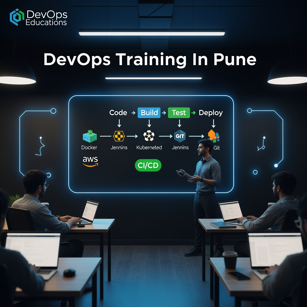 AI Design for 🎯 Prompt 3 (Rewritten)
“DevOps Training In Pune”
Create a premium corporate-level educational advertisement poster for “DevOps Training In Pune”
🎨 Overall Style:
High-end, enterprise-grade IT training poster with dark corporate theme, cinematic lighting, and modern DevOps technology visuals.
🧑💻 Background:
Use a professional modern training center or classroom environment featuring:
Trainer explaining DevOps concepts on a digital screen
Students working on laptops
Office-style corporate learning atmosphere
Cinematic lighting with focused professional mood
🎨 Color Theme:
Deep Black / Charcoal: #0A0F1C
Corporate Blue: #2563EB
Soft White: #F5F7FA
Neon Blue highlights: #00A3FF
CI/CD Green accent: #22C55E
🏷️ Main Title:
DevOps Training In Pune
📝 Subtitle:
Master DevOps with Real-time Projects & Industry Tools
🖥️ Digital Screen Content:
Show a DevOps pipeline flow:
Code → Build → Test → Deploy
Include icons of:
Docker, Kubernetes, Jenkins, Git, AWS, Terraform
📌 Key Features Section:
• Hands-on Practical Training
• Real-time Project Experience
• CI/CD Pipeline Implementation
• Docker & Kubernetes Mastery
• AWS & Azure Cloud Training
• Infrastructure as Code using Terraform
• Monitoring using ELK & Prometheus
• Placement Assistance & Certification Guidance
💼 Career Benefits Box (Modern UI Panel):
Career Benefits of DevOps
• High Salary Opportunities
• Faster Software Delivery
• Automation Skills
• Global Career Demand
📞 Footer Section:
📱 8308103366
🌐 https://www.3ritechnologies.com/course/devops-training-in-pune/
✨ Design Style:
Ultra-realistic corporate IT advertisement, cinematic lighting, premium branding, clean structured layout, modern typography, high detail, balanced composition, 16:9 ratio.