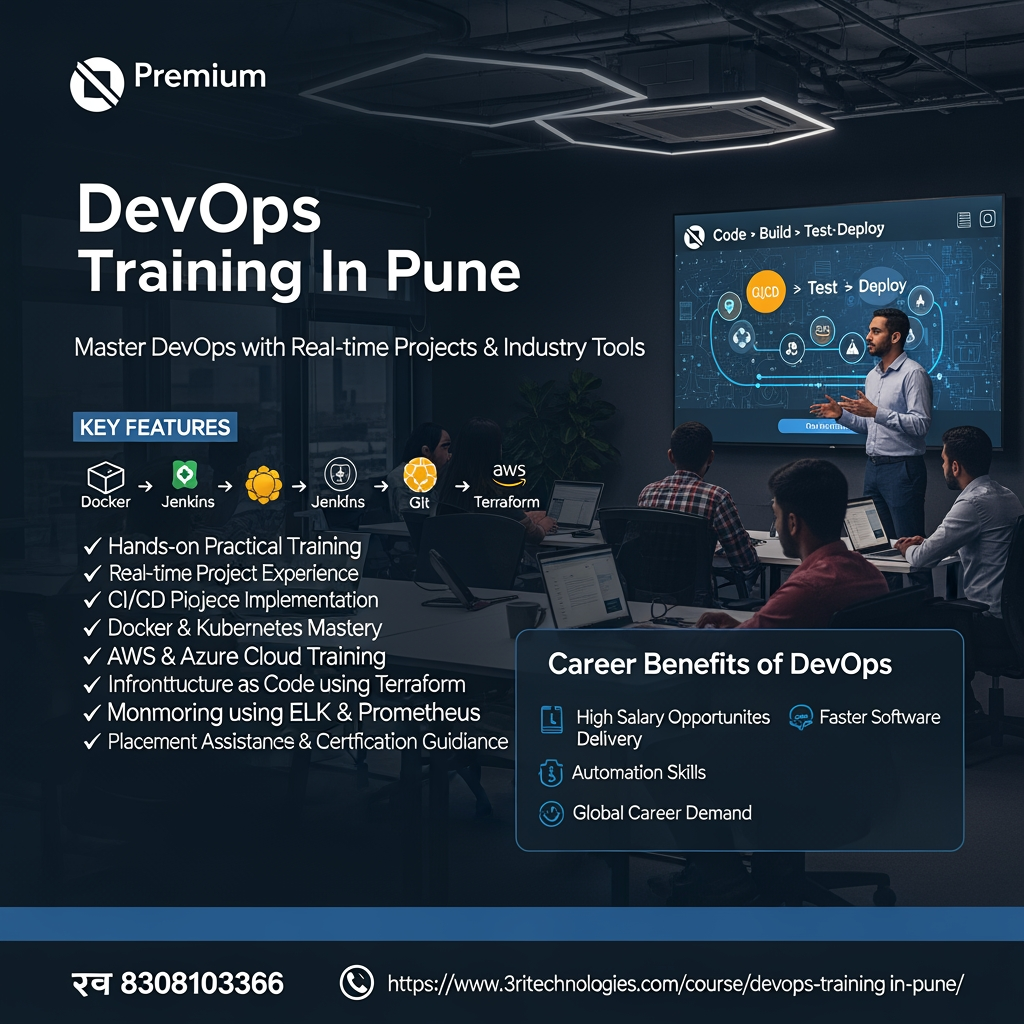 AI Design for 🎯 Prompt 3 (Rewritten)
“DevOps Training In Pune”
Create a premium corporate-level educational advertisement poster for “DevOps Training In Pune”
🎨 Overall Style:
High-end, enterprise-grade IT training poster with dark corporate theme, cinematic lighting, and modern DevOps technology visuals.
🧑💻 Background:
Use a professional modern training center or classroom environment featuring:
Trainer explaining DevOps concepts on a digital screen
Students working on laptops
Office-style corporate learning atmosphere
Cinematic lighting with focused professional mood
🎨 Color Theme:
Deep Black / Charcoal: #0A0F1C
Corporate Blue: #2563EB
Soft White: #F5F7FA
Neon Blue highlights: #00A3FF
CI/CD Green accent: #22C55E
🏷️ Main Title:
DevOps Training In Pune
📝 Subtitle:
Master DevOps with Real-time Projects & Industry Tools
🖥️ Digital Screen Content:
Show a DevOps pipeline flow:
Code → Build → Test → Deploy
Include icons of:
Docker, Kubernetes, Jenkins, Git, AWS, Terraform
📌 Key Features Section:
• Hands-on Practical Training
• Real-time Project Experience
• CI/CD Pipeline Implementation
• Docker & Kubernetes Mastery
• AWS & Azure Cloud Training
• Infrastructure as Code using Terraform
• Monitoring using ELK & Prometheus
• Placement Assistance & Certification Guidance
💼 Career Benefits Box (Modern UI Panel):
Career Benefits of DevOps
• High Salary Opportunities
• Faster Software Delivery
• Automation Skills
• Global Career Demand
📞 Footer Section:
📱 8308103366
🌐 https://www.3ritechnologies.com/course/devops-training-in-pune/
✨ Design Style:
Ultra-realistic corporate IT advertisement, cinematic lighting, premium branding, clean structured layout, modern typography, high detail, balanced composition, 16:9 ratio.