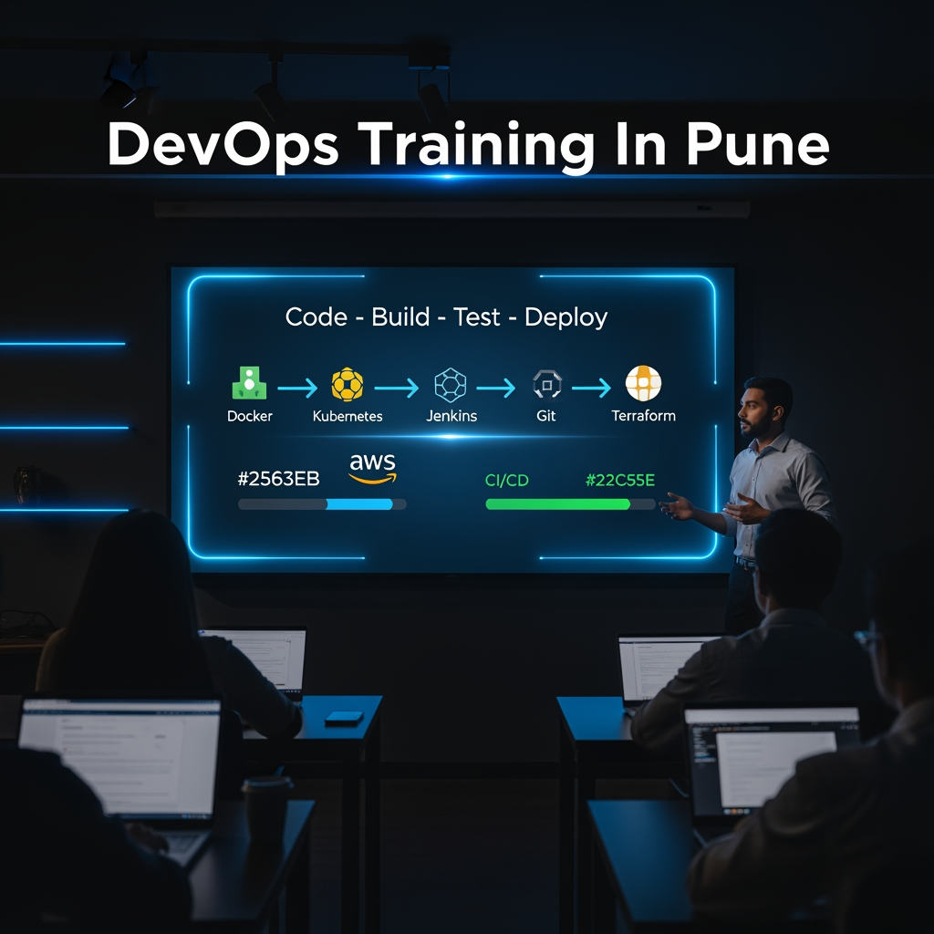 AI Design for 🎯 Prompt 3 (Rewritten)
“DevOps Training In Pune”
Create a premium corporate-level educational advertisement poster for “DevOps Training In Pune”
🎨 Overall Style:
High-end, enterprise-grade IT training poster with dark corporate theme, cinematic lighting, and modern DevOps technology visuals.
🧑💻 Background:
Use a professional modern training center or classroom environment featuring:
Trainer explaining DevOps concepts on a digital screen
Students working on laptops
Office-style corporate learning atmosphere
Cinematic lighting with focused professional mood
🎨 Color Theme:
Deep Black / Charcoal: #0A0F1C
Corporate Blue: #2563EB
Soft White: #F5F7FA
Neon Blue highlights: #00A3FF
CI/CD Green accent: #22C55E
🏷️ Main Title:
DevOps Training In Pune
📝 Subtitle:
Master DevOps with Real-time Projects & Industry Tools
🖥️ Digital Screen Content:
Show a DevOps pipeline flow:
Code → Build → Test → Deploy
Include icons of:
Docker, Kubernetes, Jenkins, Git, AWS, Terraform
📌 Key Features Section:
• Hands-on Practical Training
• Real-time Project Experience
• CI/CD Pipeline Implementation
• Docker & Kubernetes Mastery
• AWS & Azure Cloud Training
• Infrastructure as Code using Terraform
• Monitoring using ELK & Prometheus
• Placement Assistance & Certification Guidance
💼 Career Benefits Box (Modern UI Panel):
Career Benefits of DevOps
• High Salary Opportunities
• Faster Software Delivery
• Automation Skills
• Global Career Demand
📞 Footer Section:
📱 8308103366
🌐 https://www.3ritechnologies.com/course/devops-training-in-pune/
✨ Design Style:
Ultra-realistic corporate IT advertisement, cinematic lighting, premium branding, clean structured layout, modern typography, high detail, balanced composition, 16:9 ratio.