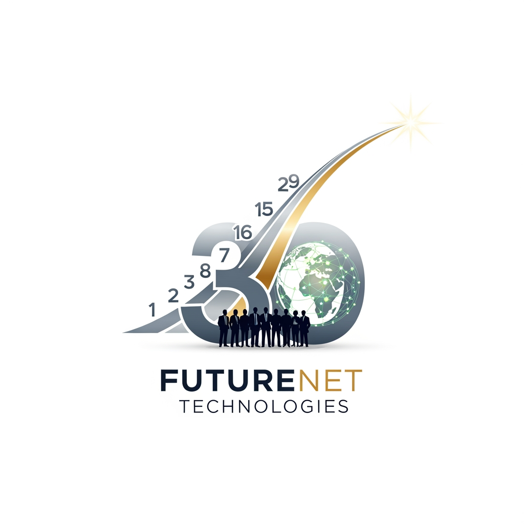 AI Design for Create an iconic anniversary logo where the numbers 1–29 gradually transform into a pathway that builds the number 30. At the base, professional silhouettes stand together, symbolizing the people behind Futurenet Technologies' success. The "0" in 30 contains a subtle digital globe or connected network, representing technology and the future. A sleek golden trajectory extends beyond the 30 toward a bright point of light, symbolizing the next chapter beyond 30 years. Minimalist, elegant, corporate, vector, award-winning logo design.