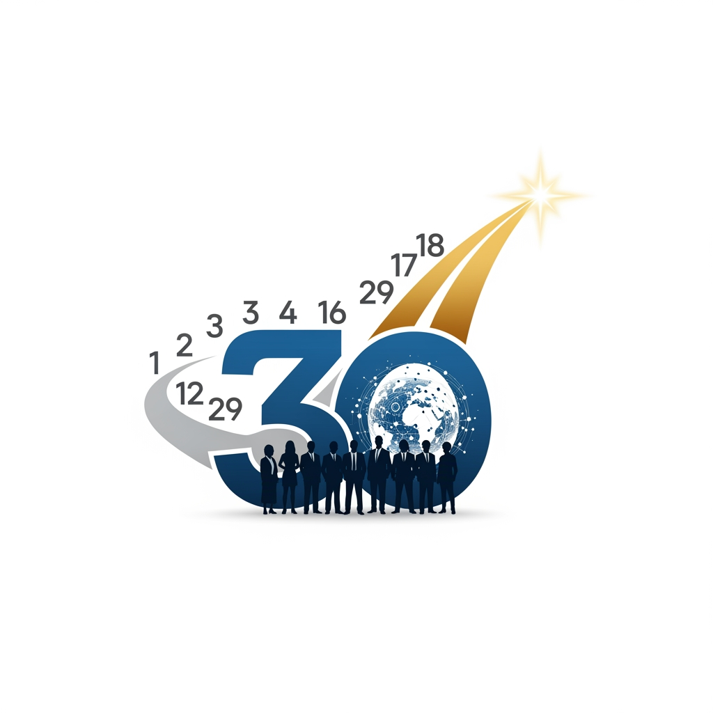 AI Design for Create an iconic anniversary logo where the numbers 1–29 gradually transform into a pathway that builds the number 30. At the base, professional silhouettes stand together, symbolizing the people behind Futurenet Technologies' success. The "0" in 30 contains a subtle digital globe or connected network, representing technology and the future. A sleek golden trajectory extends beyond the 30 toward a bright point of light, symbolizing the next chapter beyond 30 years. Minimalist, elegant, corporate, vector, award-winning logo design.