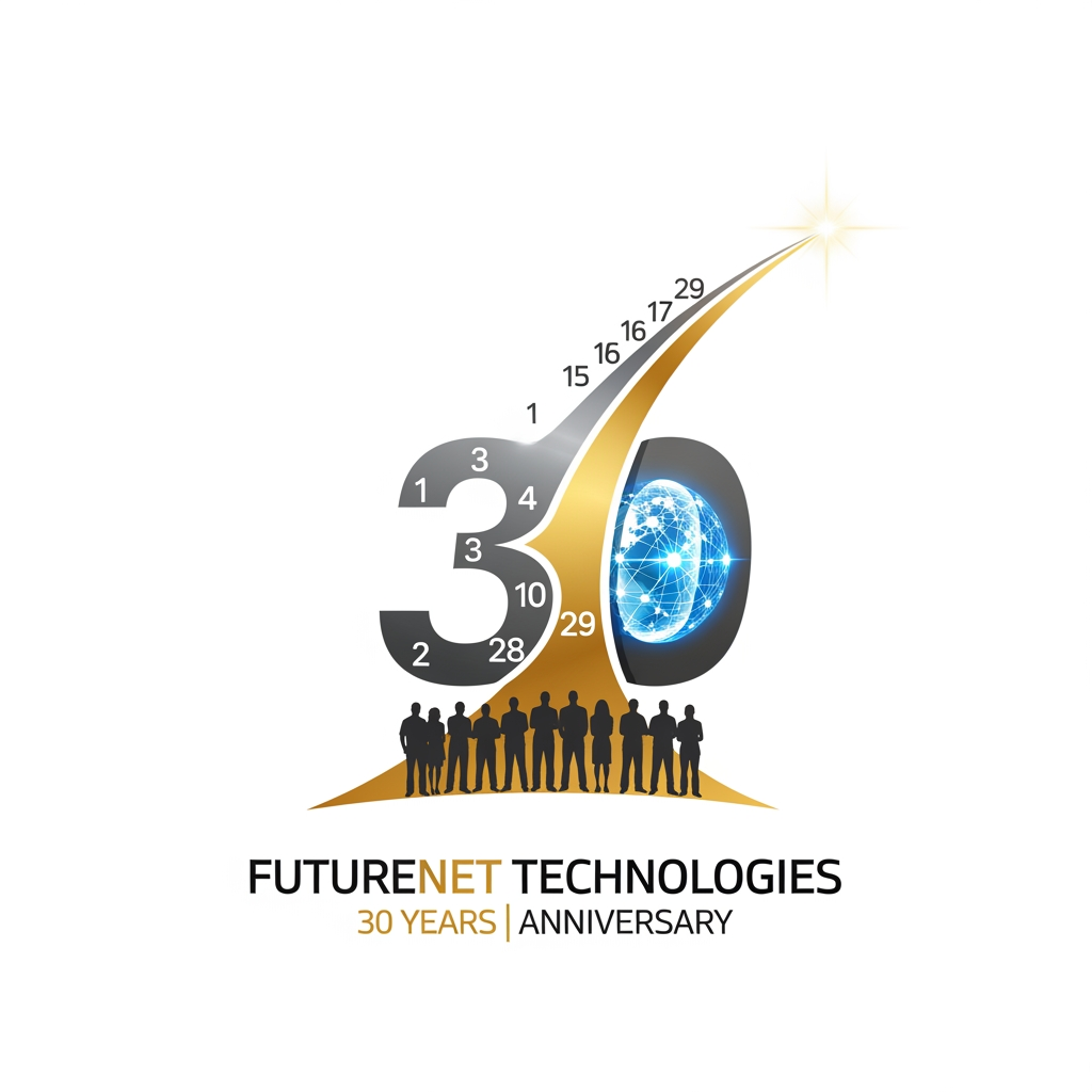 AI Design for Create an iconic anniversary logo where the numbers 1–29 gradually transform into a pathway that builds the number 30. At the base, professional silhouettes stand together, symbolizing the people behind Futurenet Technologies' success. The "0" in 30 contains a subtle digital globe or connected network, representing technology and the future. A sleek golden trajectory extends beyond the 30 toward a bright point of light, symbolizing the next chapter beyond 30 years. Minimalist, elegant, corporate, vector, award-winning logo design.