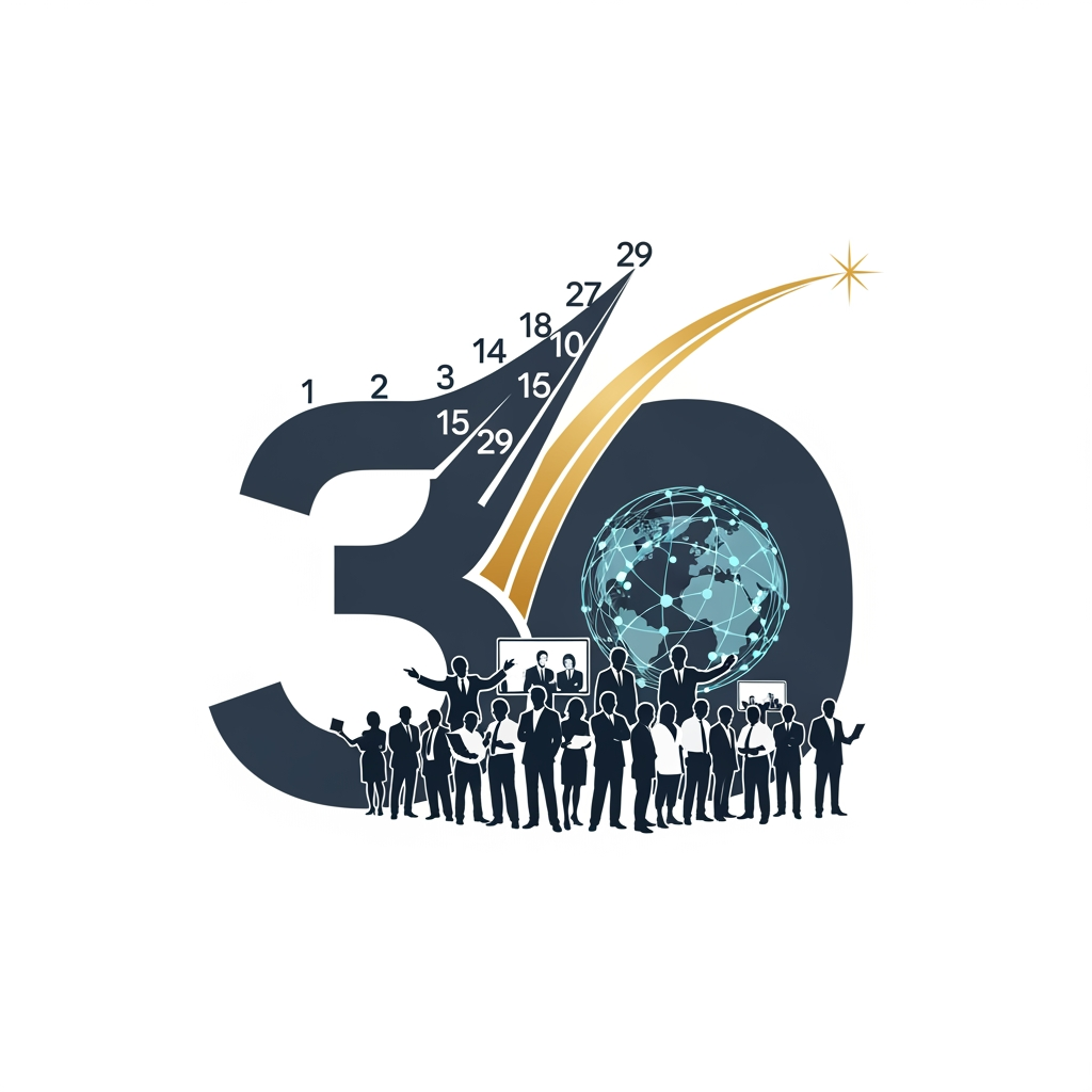 AI Design for Create an iconic anniversary logo where the numbers 1–29 gradually transform into a pathway that builds the number 30. At the base, professional silhouettes stand together, symbolizing the people behind Futurenet Technologies' success. The "0" in 30 contains a subtle digital globe or connected network, representing technology and the future. A sleek golden trajectory extends beyond the 30 toward a bright point of light, symbolizing the next chapter beyond 30 years. Minimalist, elegant, corporate, vector, award-winning logo design.