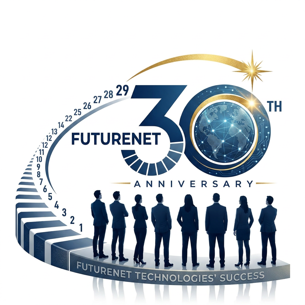 AI Design for Create an iconic anniversary logo where the numbers 1–29 gradually transform into a pathway that builds the number 30. At the base, professional silhouettes stand together, symbolizing the people behind Futurenet Technologies' success. The "0" in 30 contains a subtle digital globe or connected network, representing technology and the future. A sleek golden trajectory extends beyond the 30 toward a bright point of light, symbolizing the next chapter beyond 30 years. Minimalist, elegant, corporate, vector, award-winning logo design.
i have attached the image, so improve that