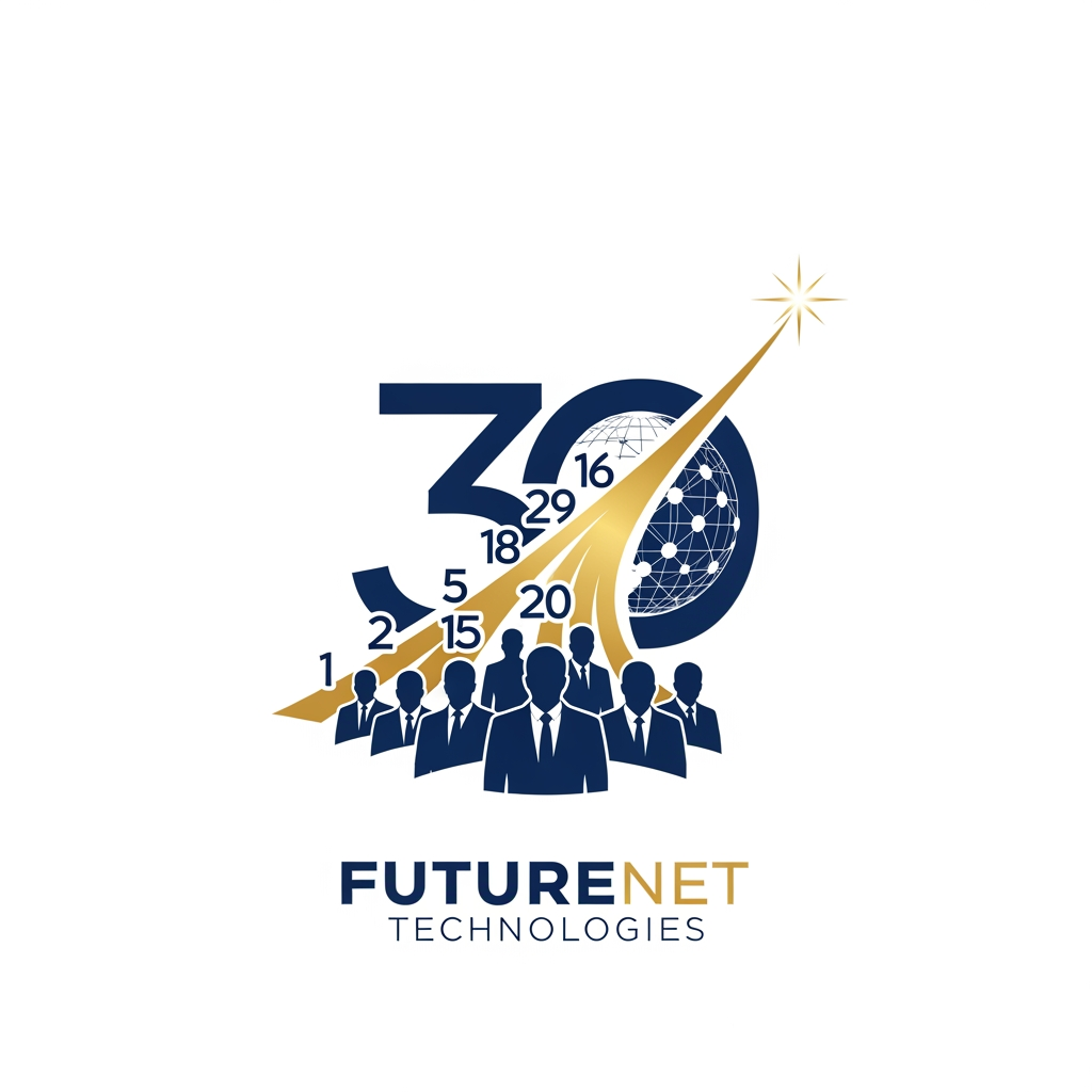 AI Design for Create an iconic anniversary logo where the numbers 1–29 gradually transform into a pathway that builds the number 30. At the base, professional silhouettes stand together, symbolizing the people behind Futurenet Technologies' success. The "0" in 30 contains a subtle digital globe or connected network, representing technology and the future. A sleek golden trajectory extends beyond the 30 toward a bright point of light, symbolizing the next chapter beyond 30 years. Minimalist, elegant, corporate, vector, award-winning logo design.