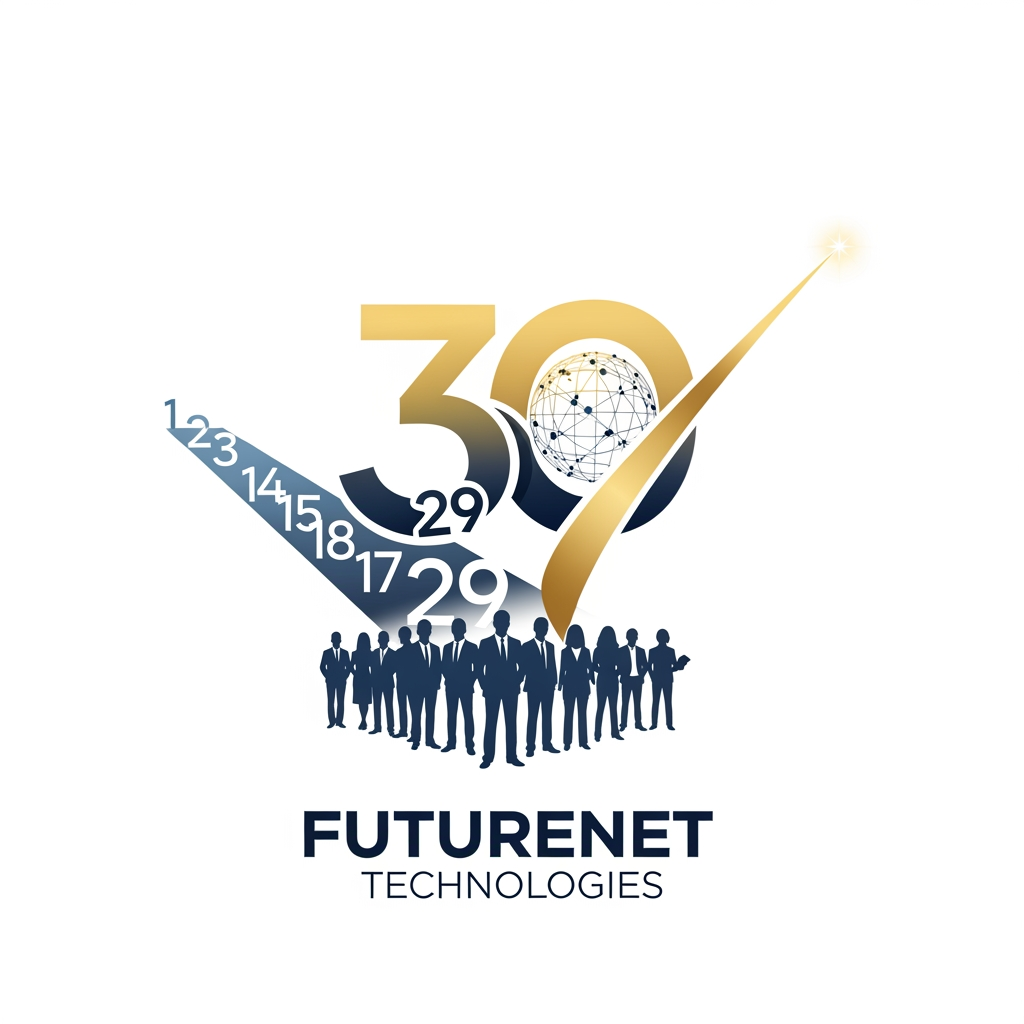 AI Design for Create an iconic anniversary logo where the numbers 1–29 gradually transform into a pathway that builds the number 30. At the base, professional silhouettes stand together, symbolizing the people behind Futurenet Technologies' success. The "0" in 30 contains a subtle digital globe or connected network, representing technology and the future. A sleek golden trajectory extends beyond the 30 toward a bright point of light, symbolizing the next chapter beyond 30 years. Minimalist, elegant, corporate, vector, award-winning logo design.