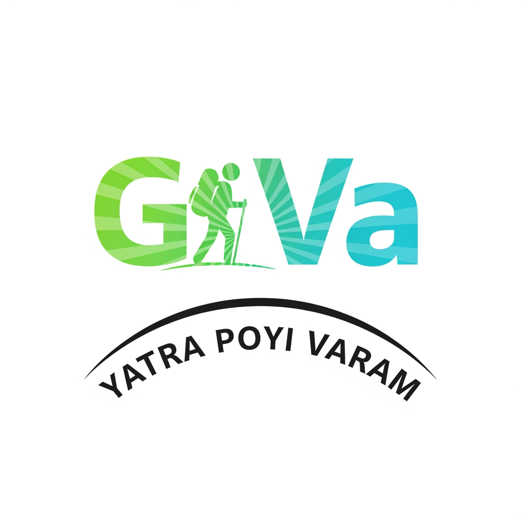 AI Design for create a logo of 1:1 ratio with white background with go and വ a sticky man hiking between the letters and i need a radiant gradient colour of lightgreen(top right act as center) and aqua blue and give a space empty for typing words in malayalam in arch format the word is(യാത്ര പോയി വരാം)