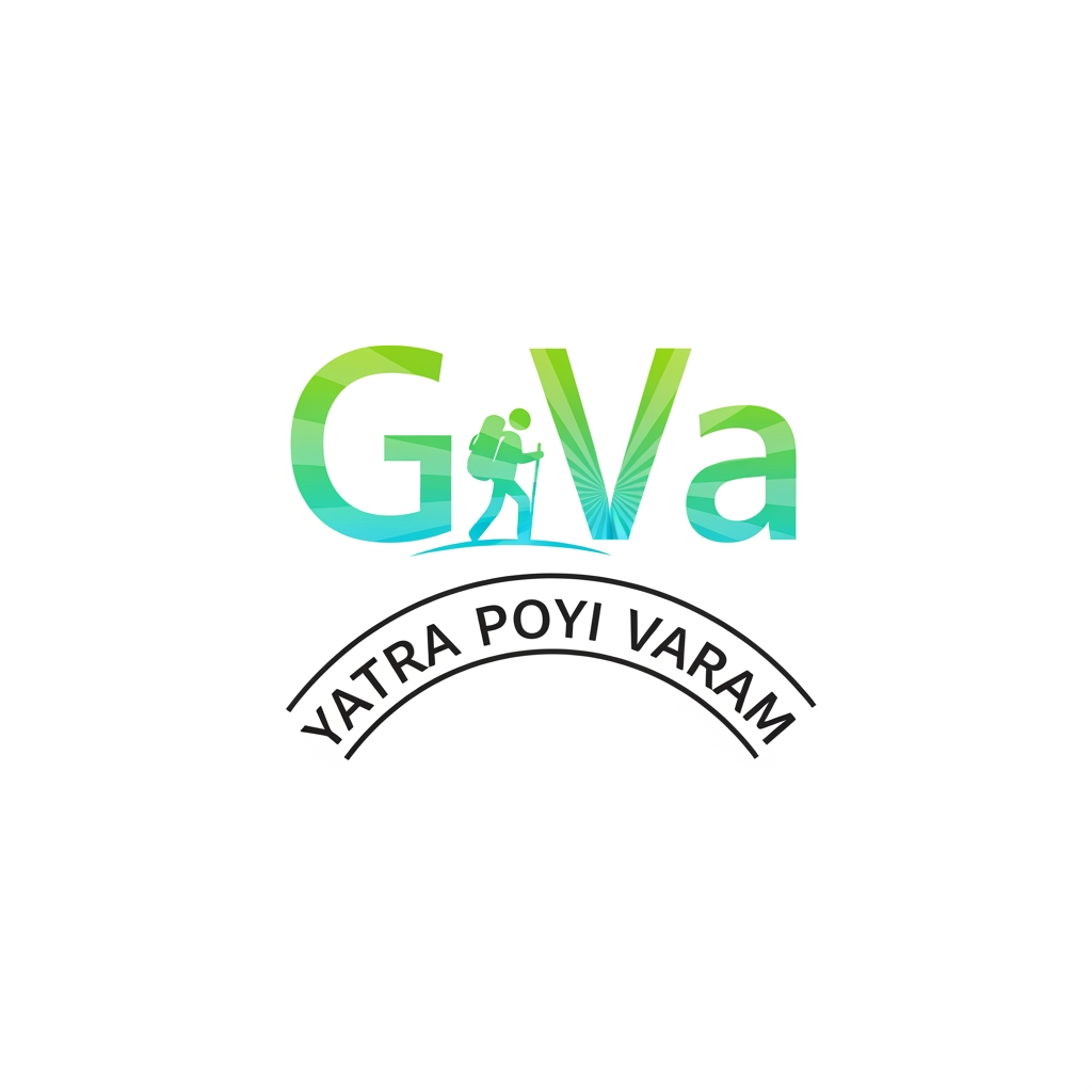 AI Design for create a logo of 1:1 ratio with white background with go and വ a sticky man hiking between the letters and i need a radiant gradient colour of lightgreen(top right act as center) and aqua blue and give a space empty for typing words in malayalam in arch format the word is(യാത്ര പോയി വരാം)