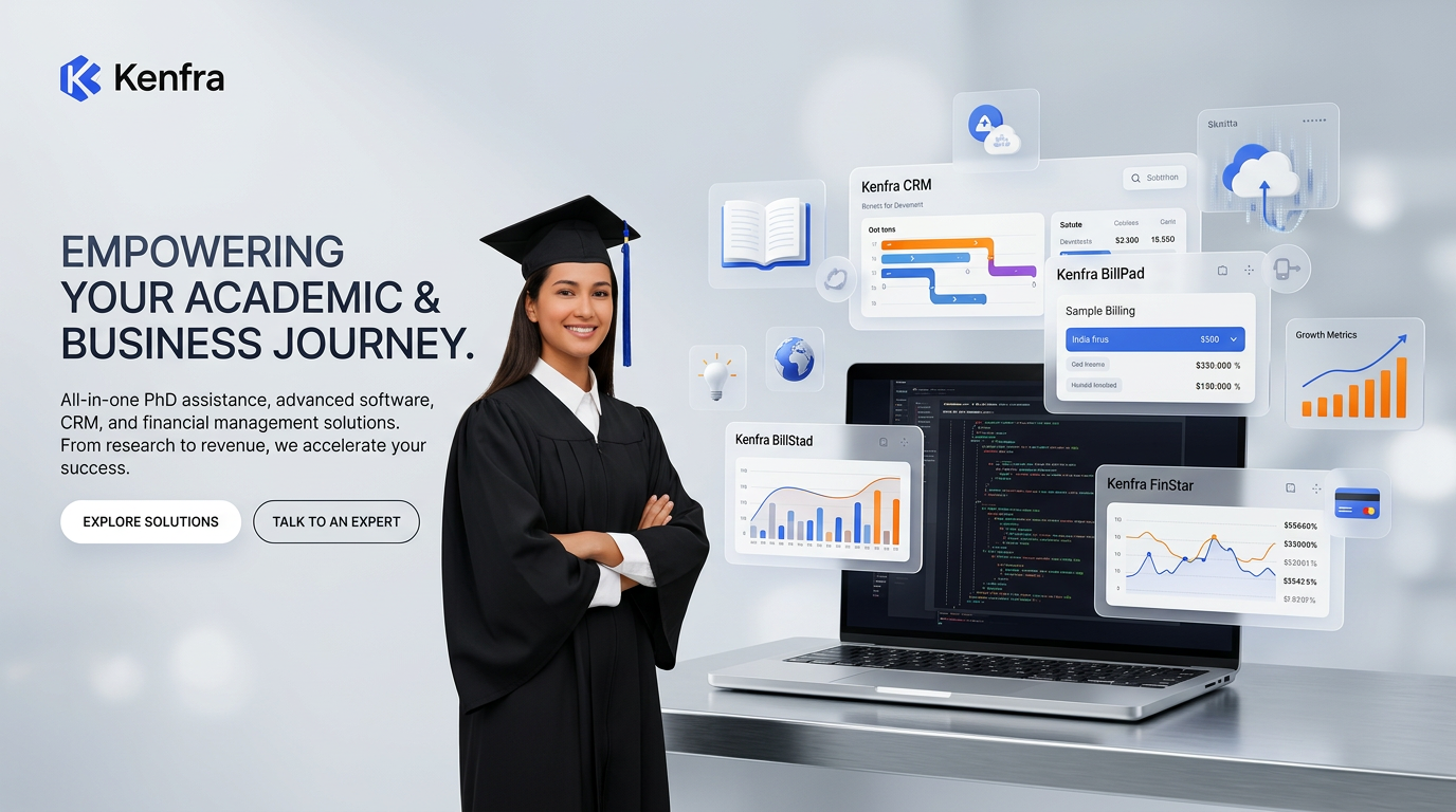 AI Design for Create a premium, modern website hero banner for Kenfra, a company providing PhD assistance, software development, CRM , Kenfra billpad , and Kenfra finStar . The scene should feature a confident PhD graduate/researcher in graduation attire standing beside a sleek laptop displaying software development code. Surround the laptop with elegant floating UI elements including a CRM dashboard, billing invoice panel, financial analytics charts, growth graphs, cloud technology icons, and digital business management interfaces.

Use a professional corporate style with a blue, orange, and white color palette matching Kenfra branding. The left side should have clean space for website text and CTA buttons, while the right side showcases the integrated technology ecosystem. Include subtle futuristic elements, modern glassmorphism effects, soft lighting, depth of field, and premium 3D illustrations.

The image should communicate innovation, research excellence, business growth, digital transformation, and all-in-one solutions. High-end corporate website banner, ultra-realistic, 4K quality, sharp details, professional marketing design, wide hero section, 16:9 aspect ratio, modern SaaS landing page aesthetic, no watermark, no extra text.