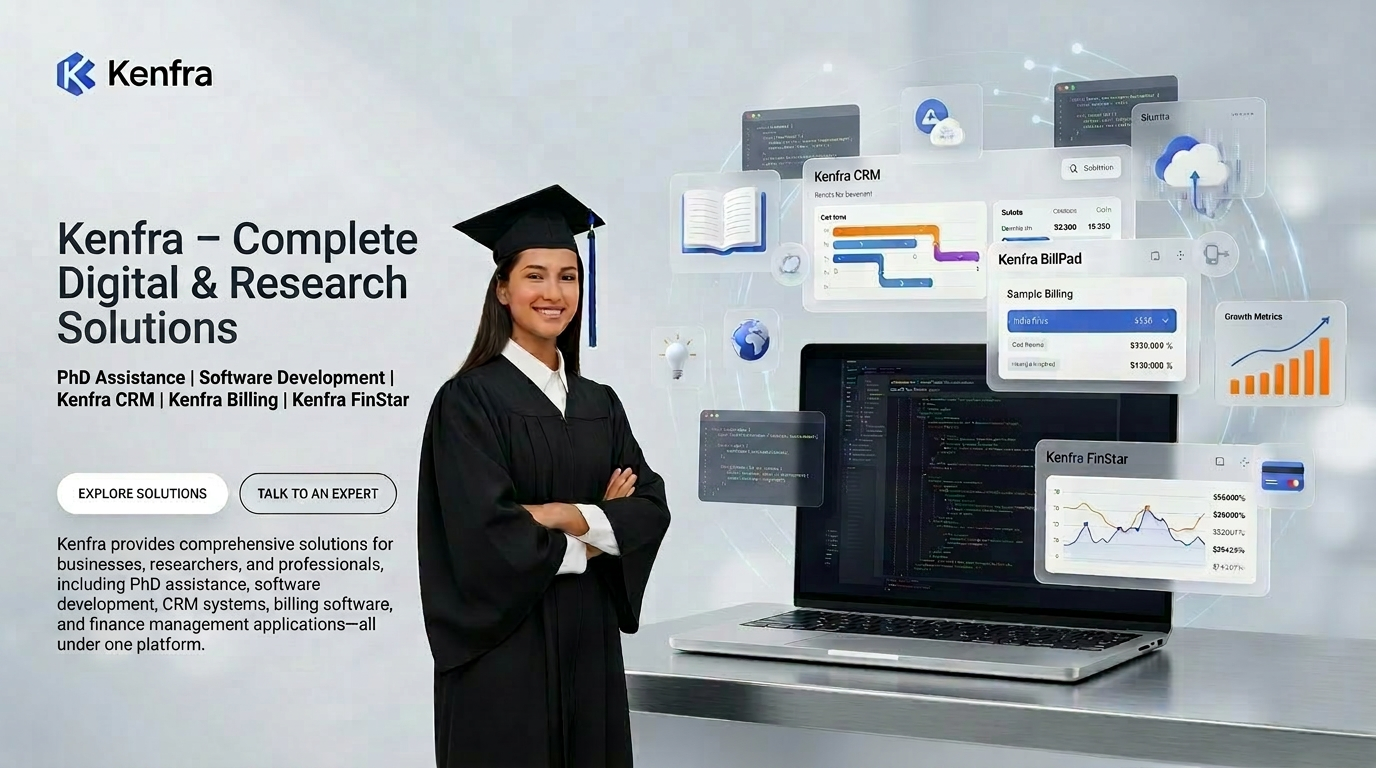 AI Design for Kenfra – Complete Digital & Research Solutions

Sub Heading

PhD Assistance | Software Development | Kenfra CRM | Kenfra Billing  | Kenfra FinStar 

Description

Kenfra provides comprehensive solutions for businesses, researchers, and professionals, including PhD assistance, software development, CRM systems, billing software, and finance management applications—all under one platform.