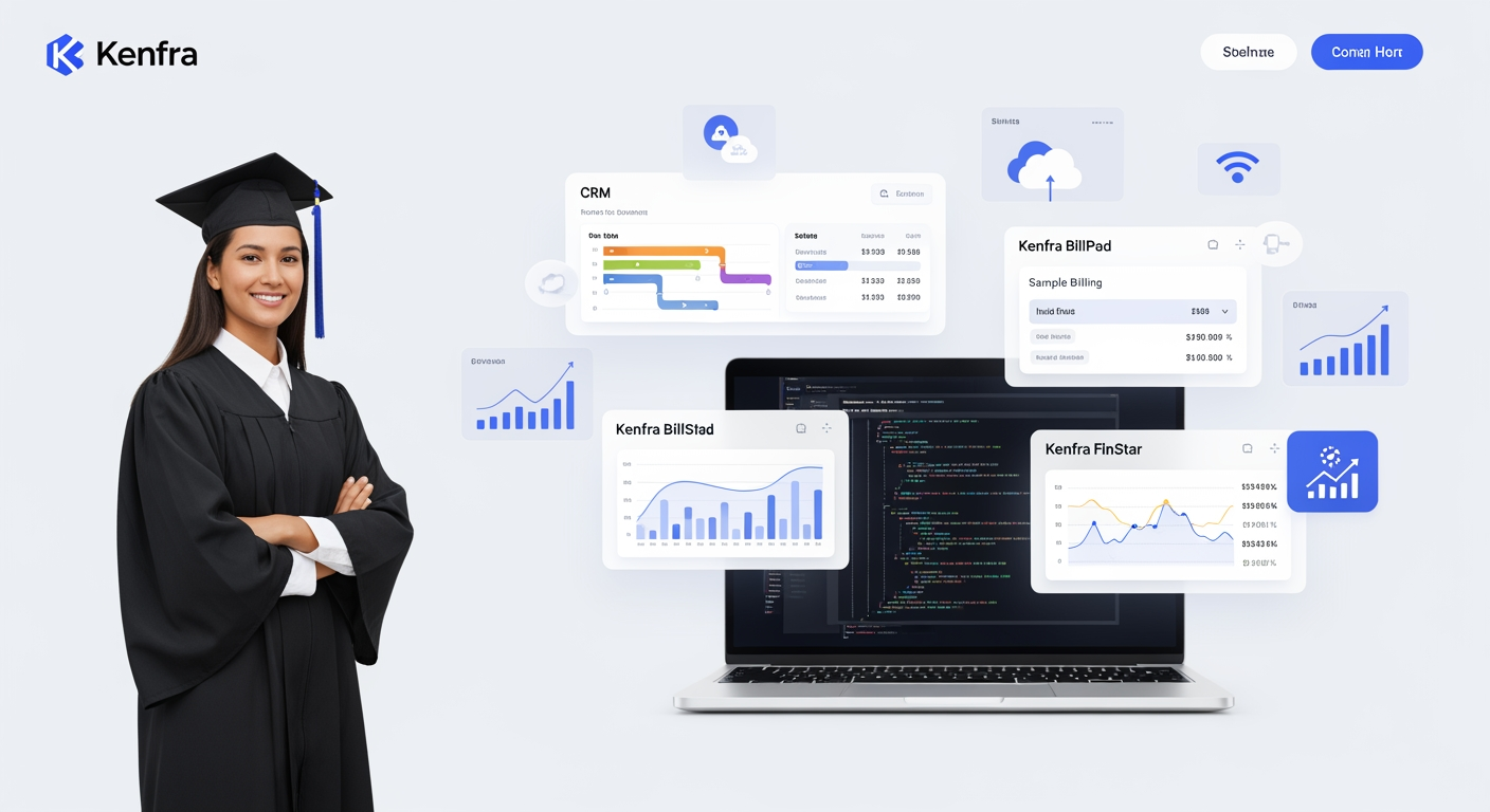 AI Design for Create a premium, modern website hero banner for Kenfra, a company providing PhD assistance, software development, CRM , Kenfra billpad , and Kenfra finStar . The scene should feature a confident PhD graduate/researcher in graduation attire standing beside a sleek laptop displaying software development code. Surround the laptop with elegant floating UI elements including a CRM dashboard, billing invoice panel, financial analytics charts, growth graphs, cloud technology icons, and digital business management interfaces.

Use a professional corporate style with a blue, orange, and white color palette matching Kenfra branding. The left side should have clean space for website text and CTA buttons, while the right side showcases the integrated technology ecosystem. Include subtle futuristic elements, modern glassmorphism effects, soft lighting, depth of field, and premium 3D illustrations.

The image should communicate innovation, research excellence, business growth, digital transformation, and all-in-one solutions. High-end corporate website banner, ultra-realistic, 4K quality, sharp details, professional marketing design, wide hero section, 16:9 aspect ratio, modern SaaS landing page aesthetic, no watermark, no extra text.