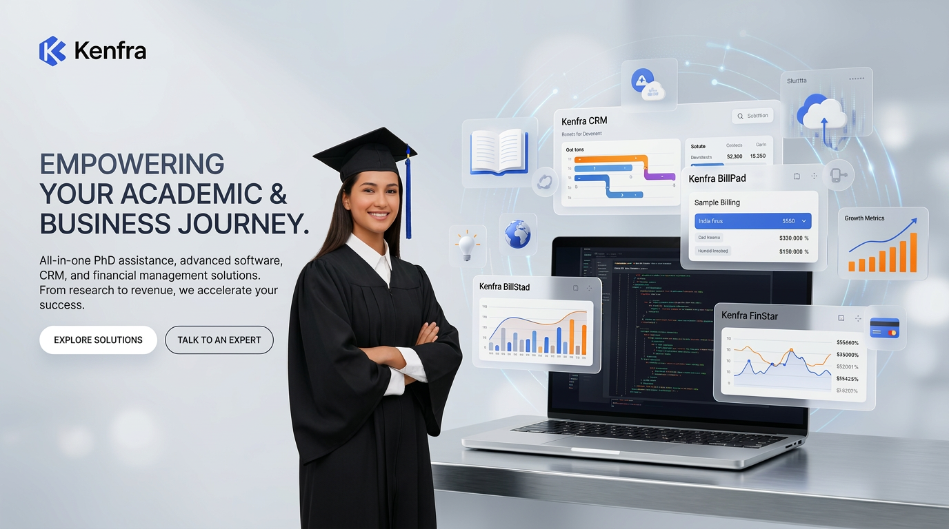 AI Design for Create a premium, modern website hero banner for Kenfra, a company providing PhD assistance, software development, kenfra CRM is the CRM software, Kenfra billpad is the billing software , and Kenfra finStar is the finance software . The scene should feature a confident PhD graduate/researcher in graduation attire standing beside a sleek laptop displaying software development code. Surround the laptop with elegant floating UI elements including a CRM dashboard, billing invoice panel, financial analytics charts, growth graphs, cloud technology icons, and digital business management interfaces.

Use a professional corporate style with a blue, orange, and white color palette matching Kenfra branding. The left side should have clean space for website text and CTA buttons, while the right side showcases the integrated technology ecosystem. Include subtle futuristic elements, modern glassmorphism effects, soft lighting, depth of field, and premium 3D illustrations.

The image should communicate innovation, research excellence, business growth, digital transformation, and all-in-one solutions. High-end corporate website banner, ultra-realistic, 4K quality, sharp details, professional marketing design, wide hero section, 16:9 aspect ratio, modern SaaS landing page aesthetic, no watermark, no extra text.